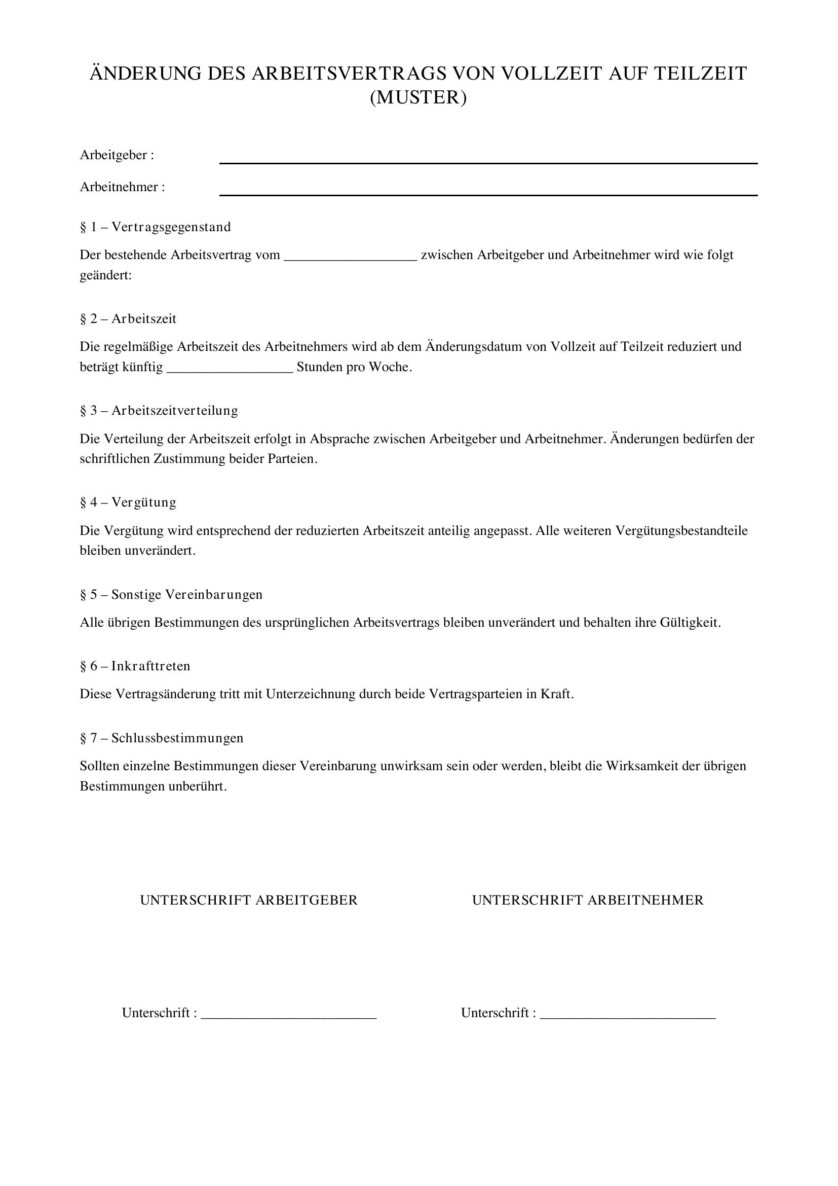 Änderung Arbeitsvertrag Von Vollzeit Auf Teilzeit Muster