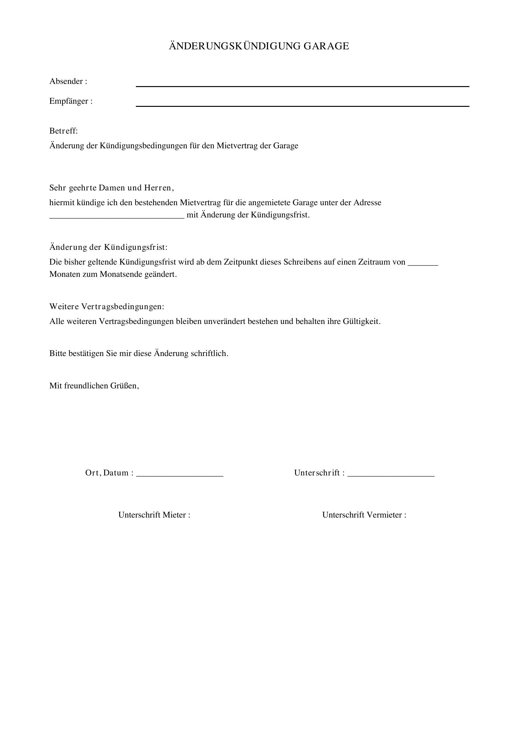 Änderungskündigung Garage Vorlage