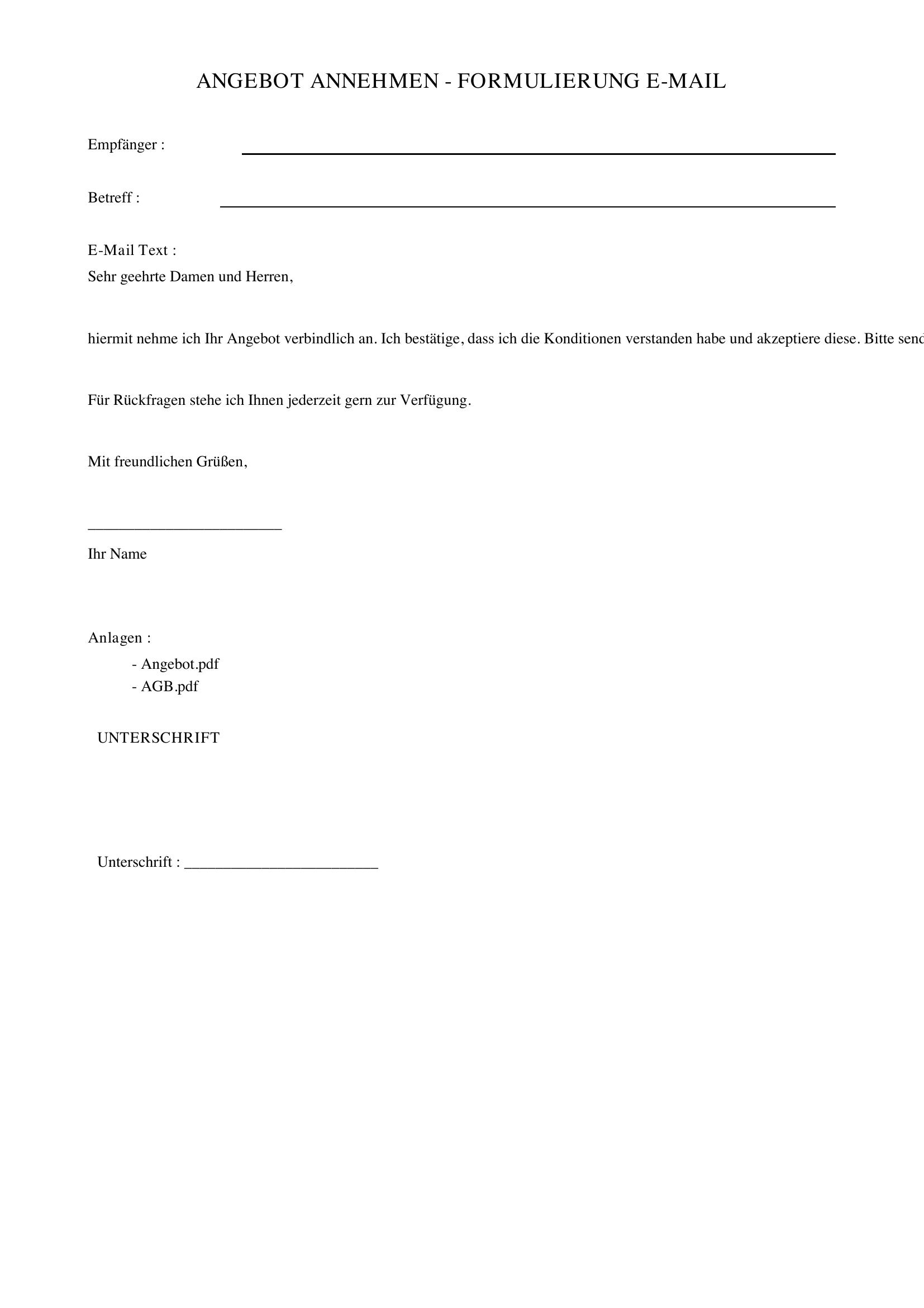 Angebot Annehmen Formulierung Email