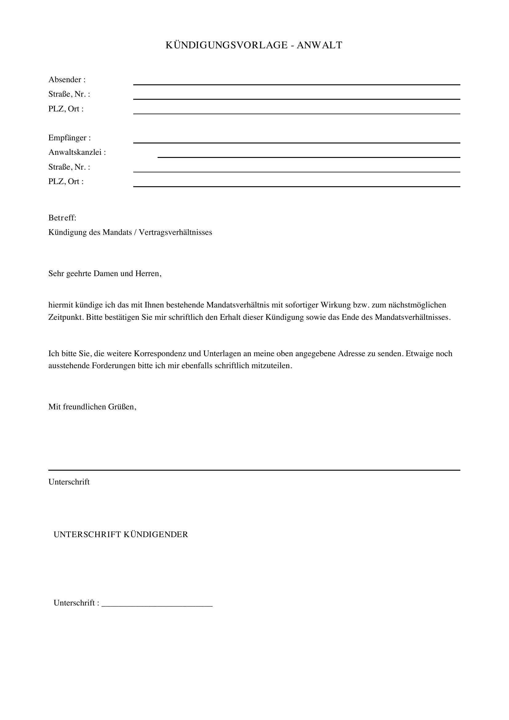 Anwalt Kündigen Formular