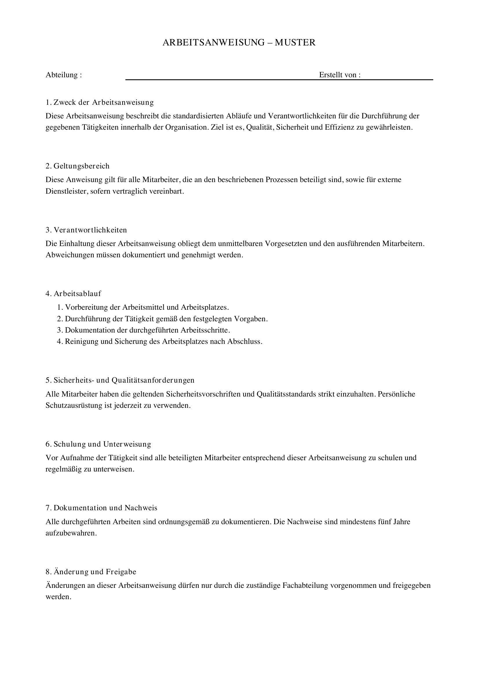 Arbeitsanweisung Muster