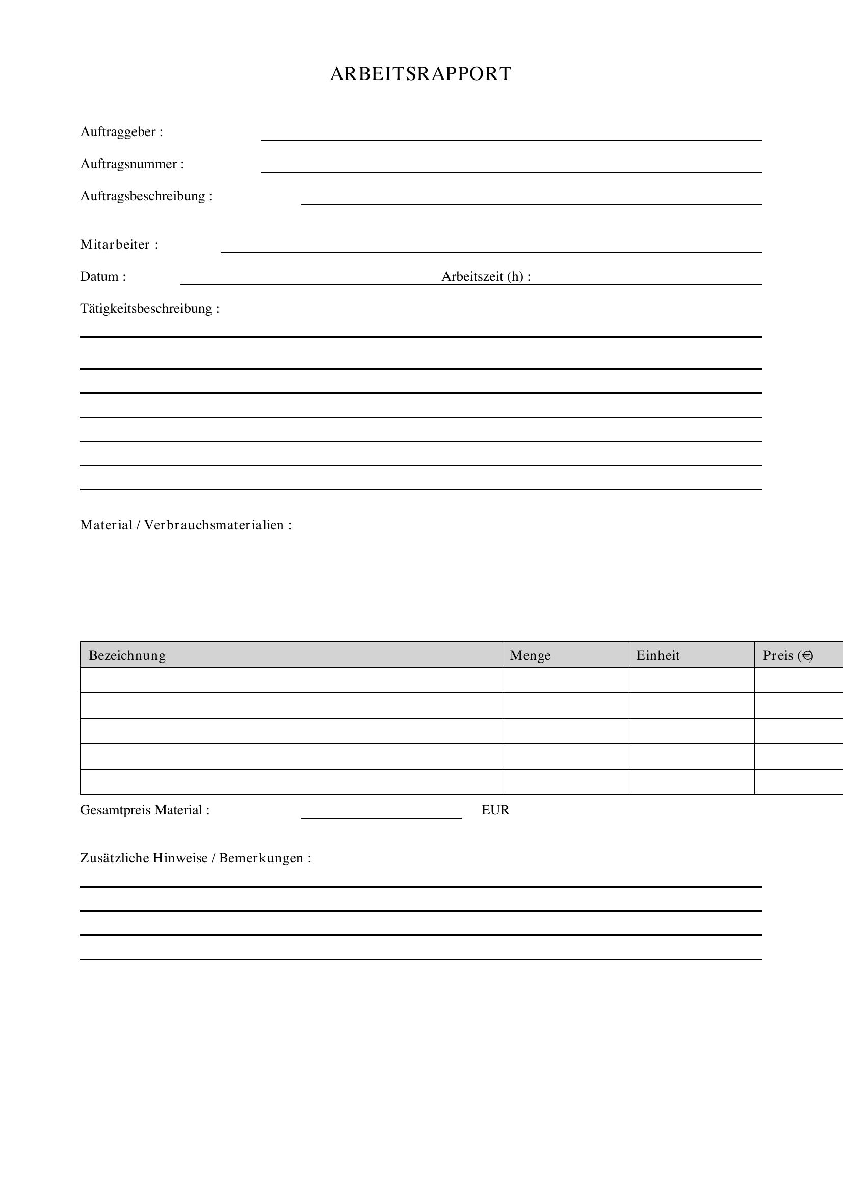 Arbeitsrapport Vorlage