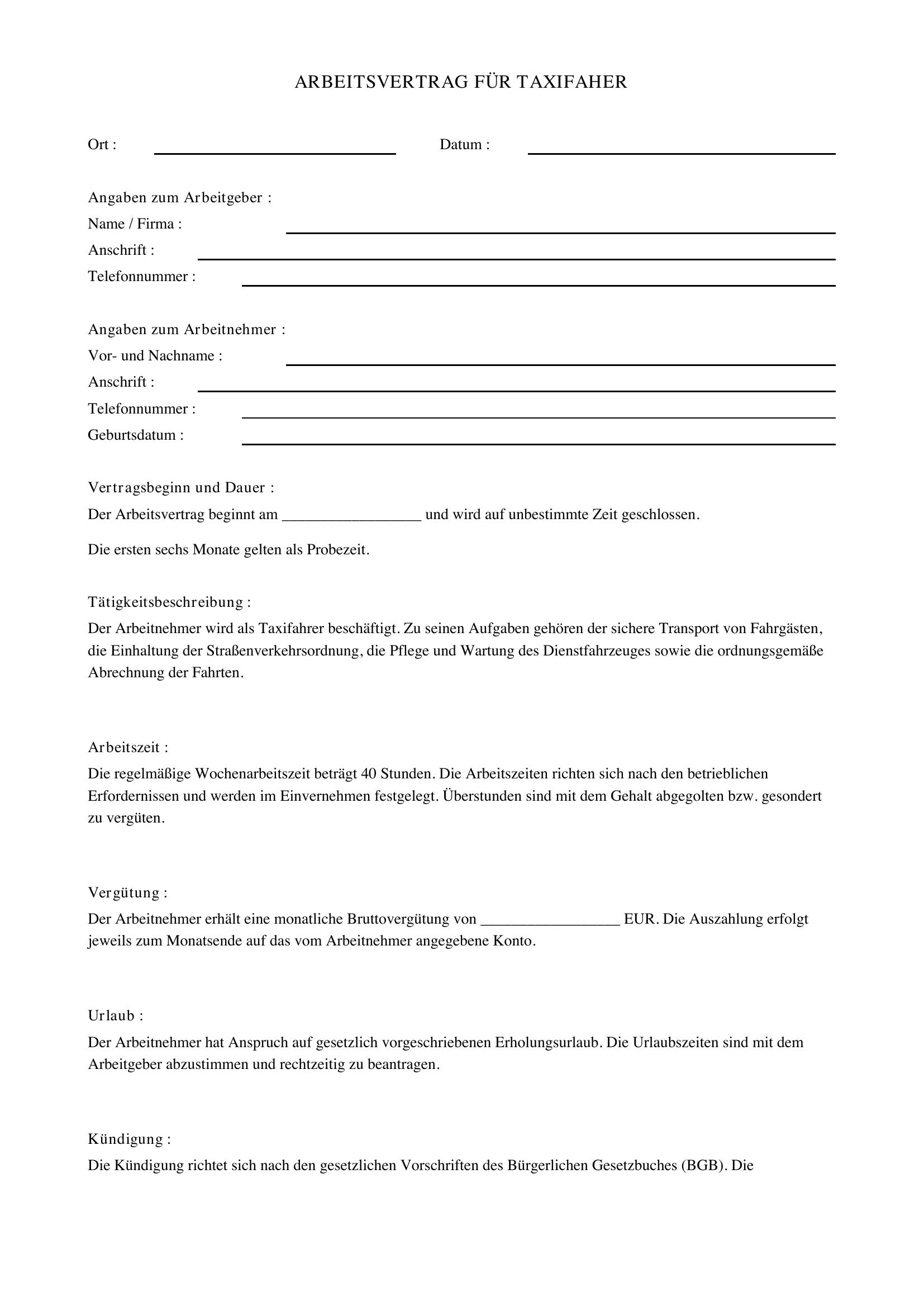 Arbeitsvertrag Taxifahrer