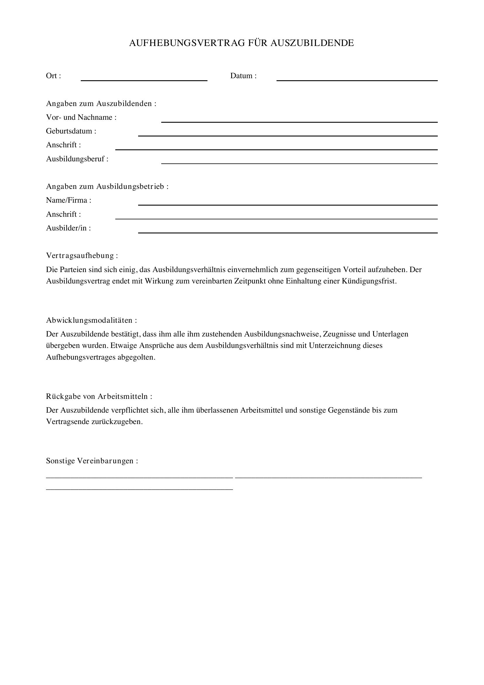 Aufhebungsvertrag Azubi Muster