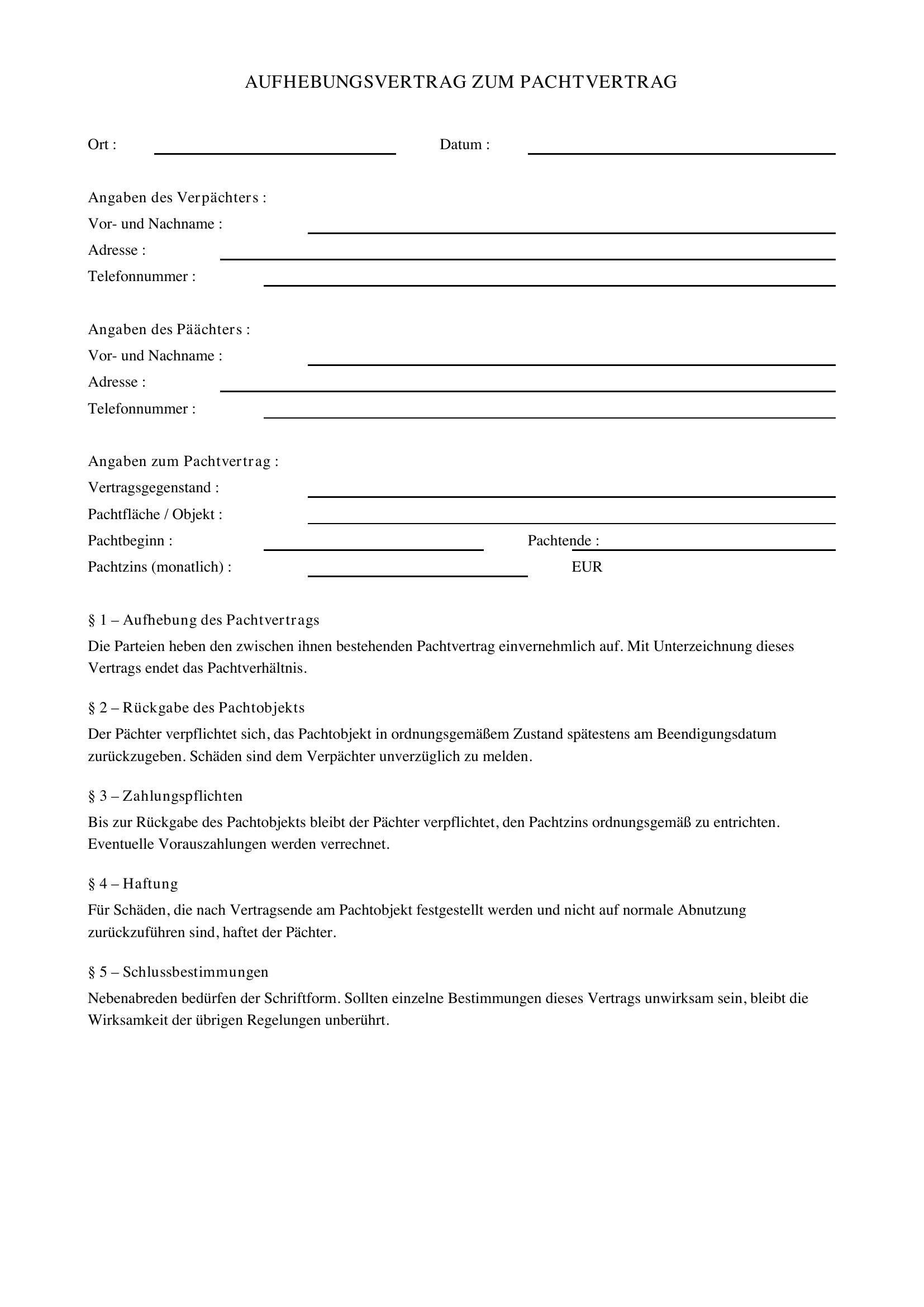 Aufhebungsvertrag Pachtvertrag
