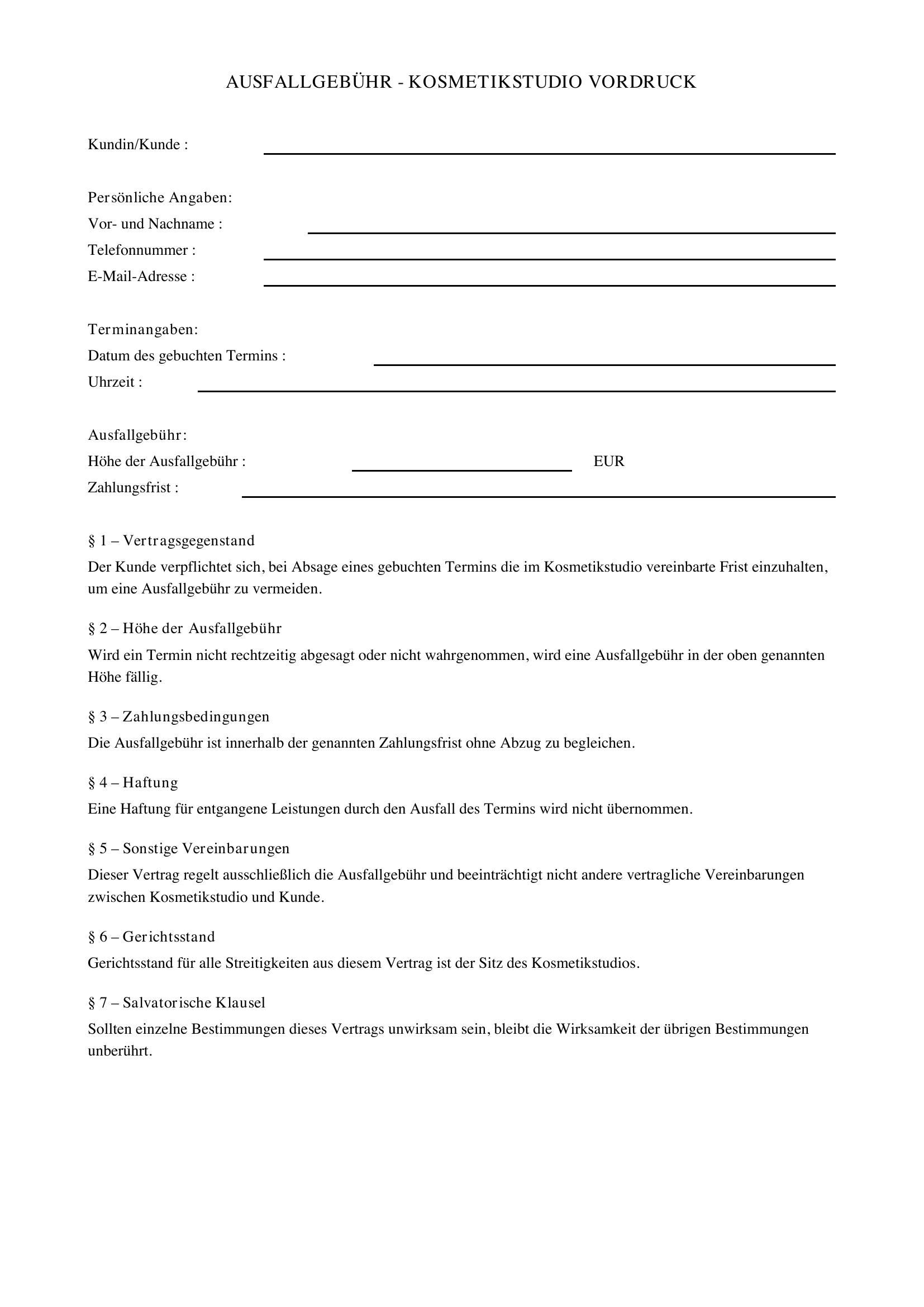 Ausfallgebühr Kosmetikstudio Vordruck