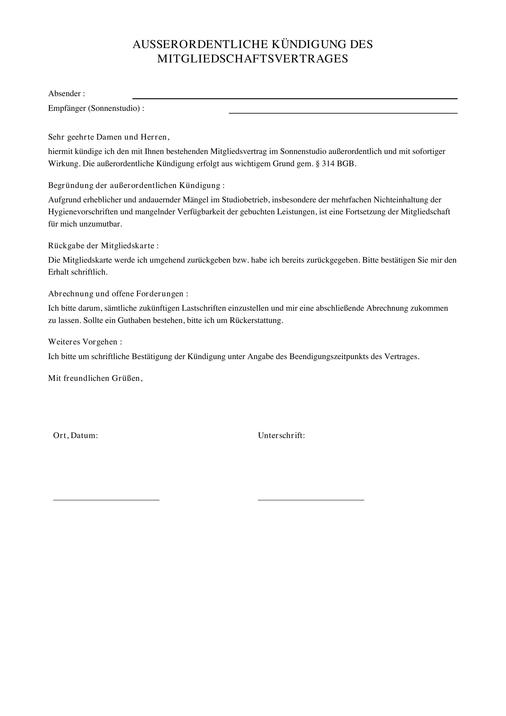 Außerordentliche Kündigung Sonnenstudio Muster