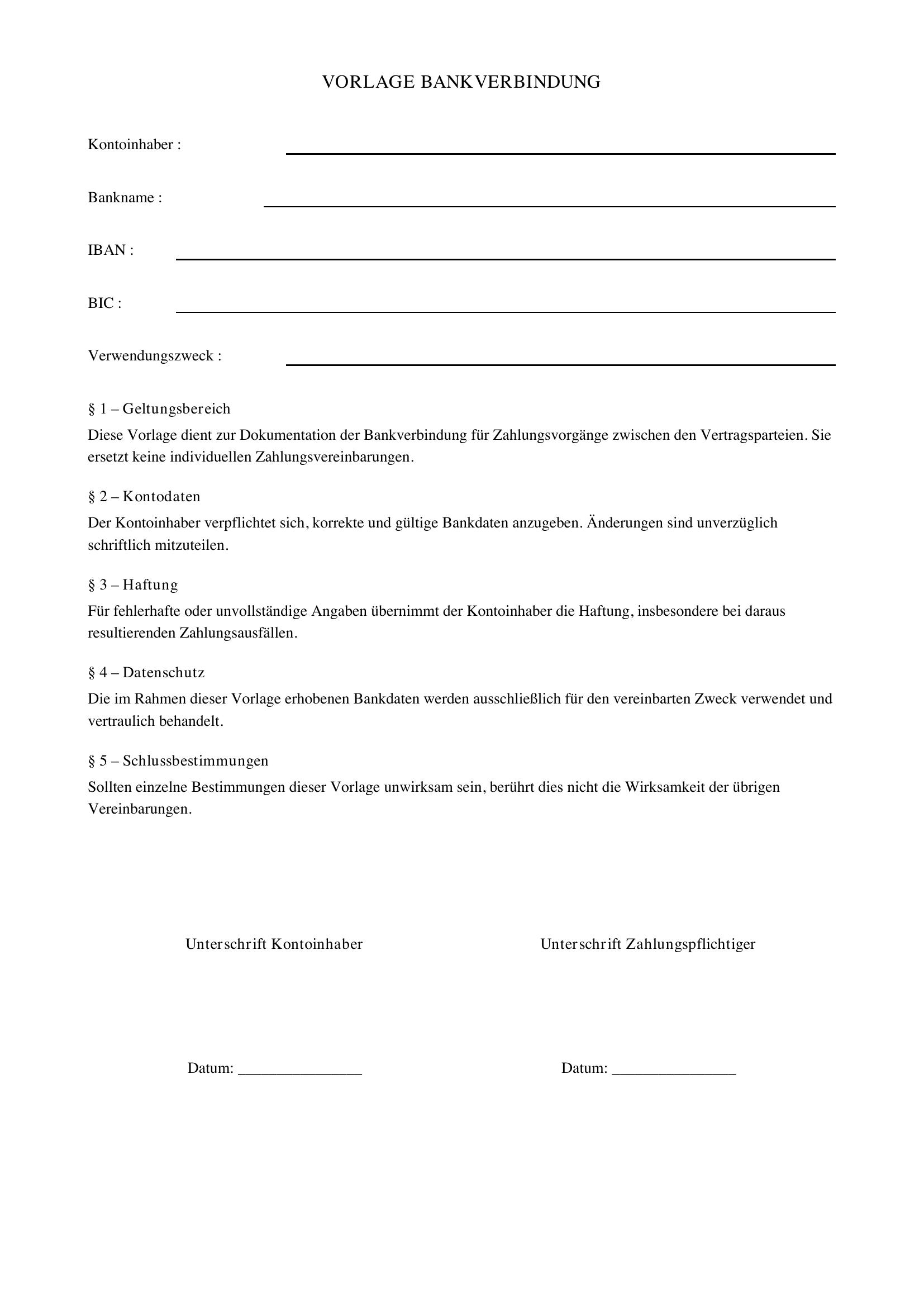Bankverbindung Vorlage