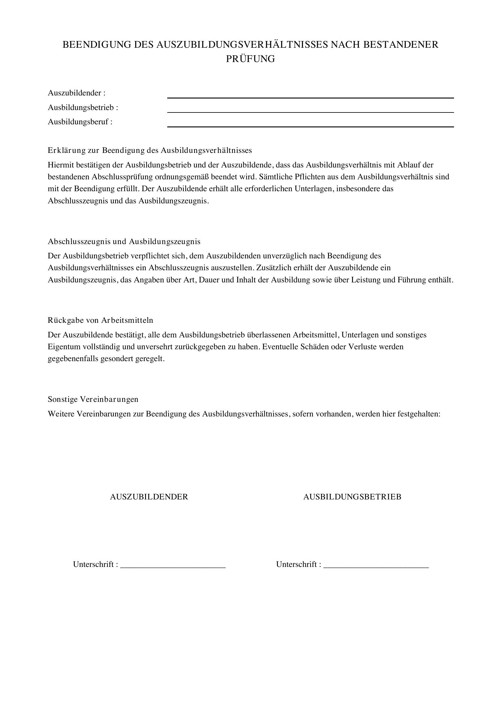 Beendigung Ausbildungsverhältnis Nach Bestandener Prüfung Vorlage