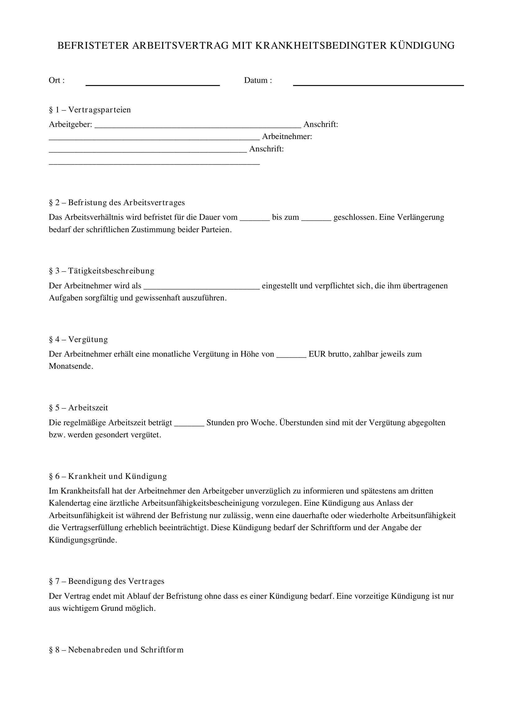 Befristeter Arbeitsvertrag Krank Kündigung