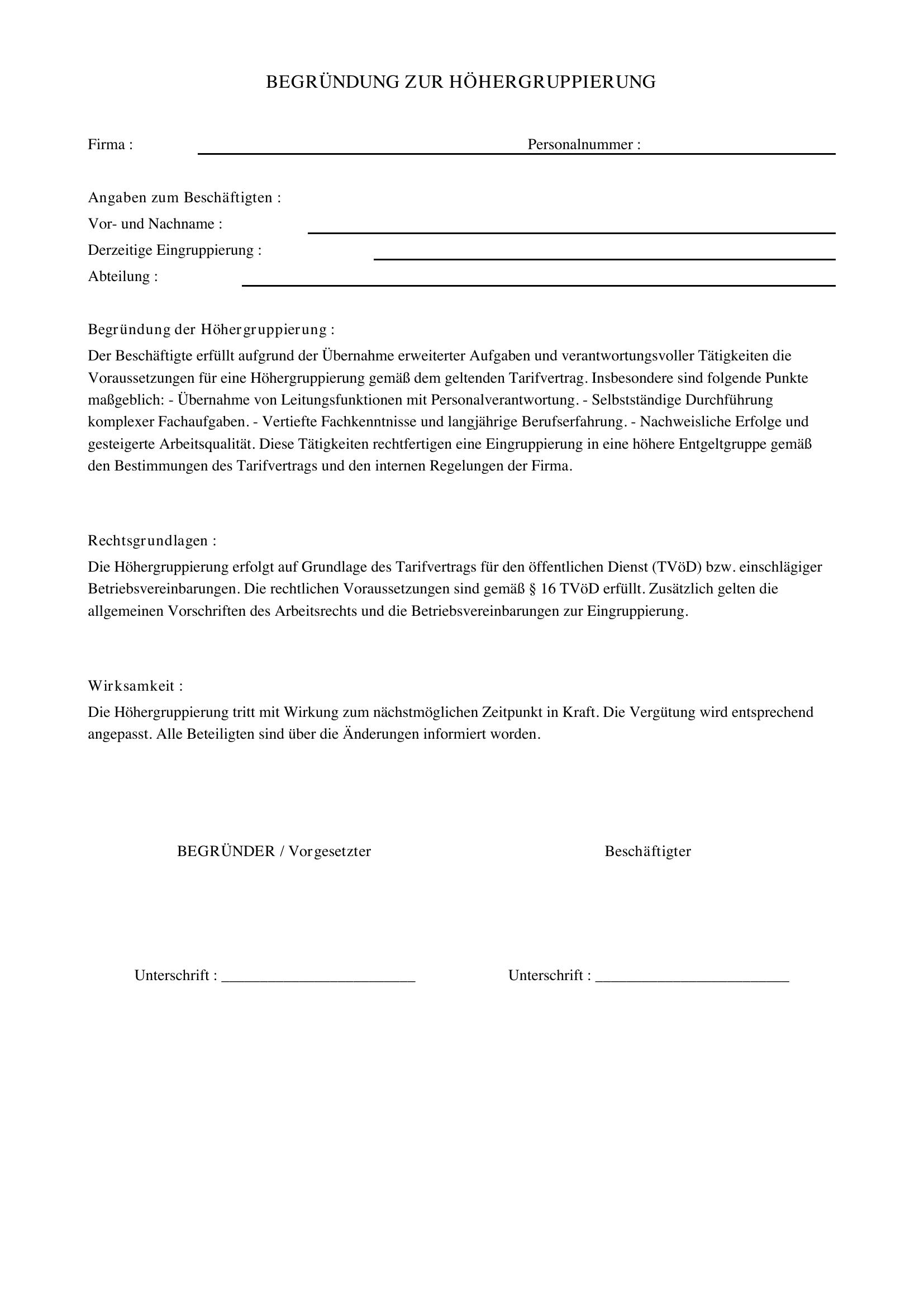 Begründung Höhergruppierung Formulierung