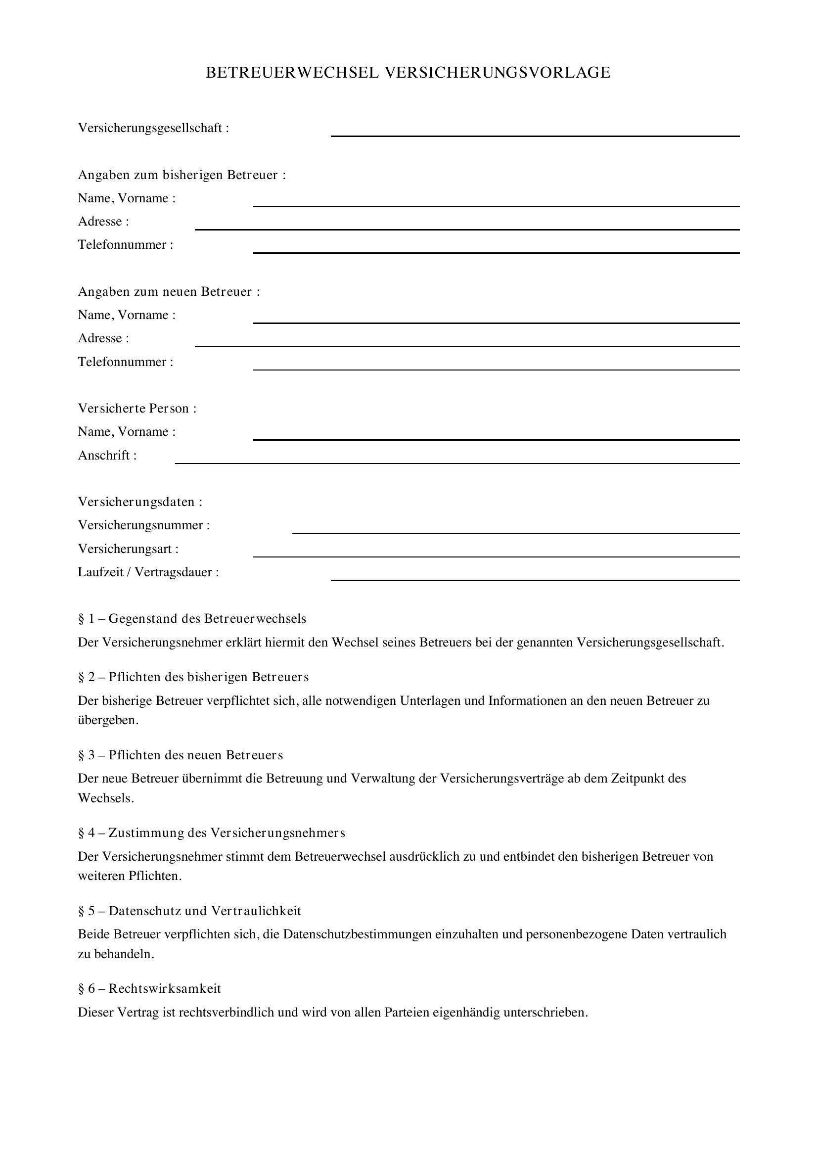 Betreuerwechsel Versicherung Vorlage