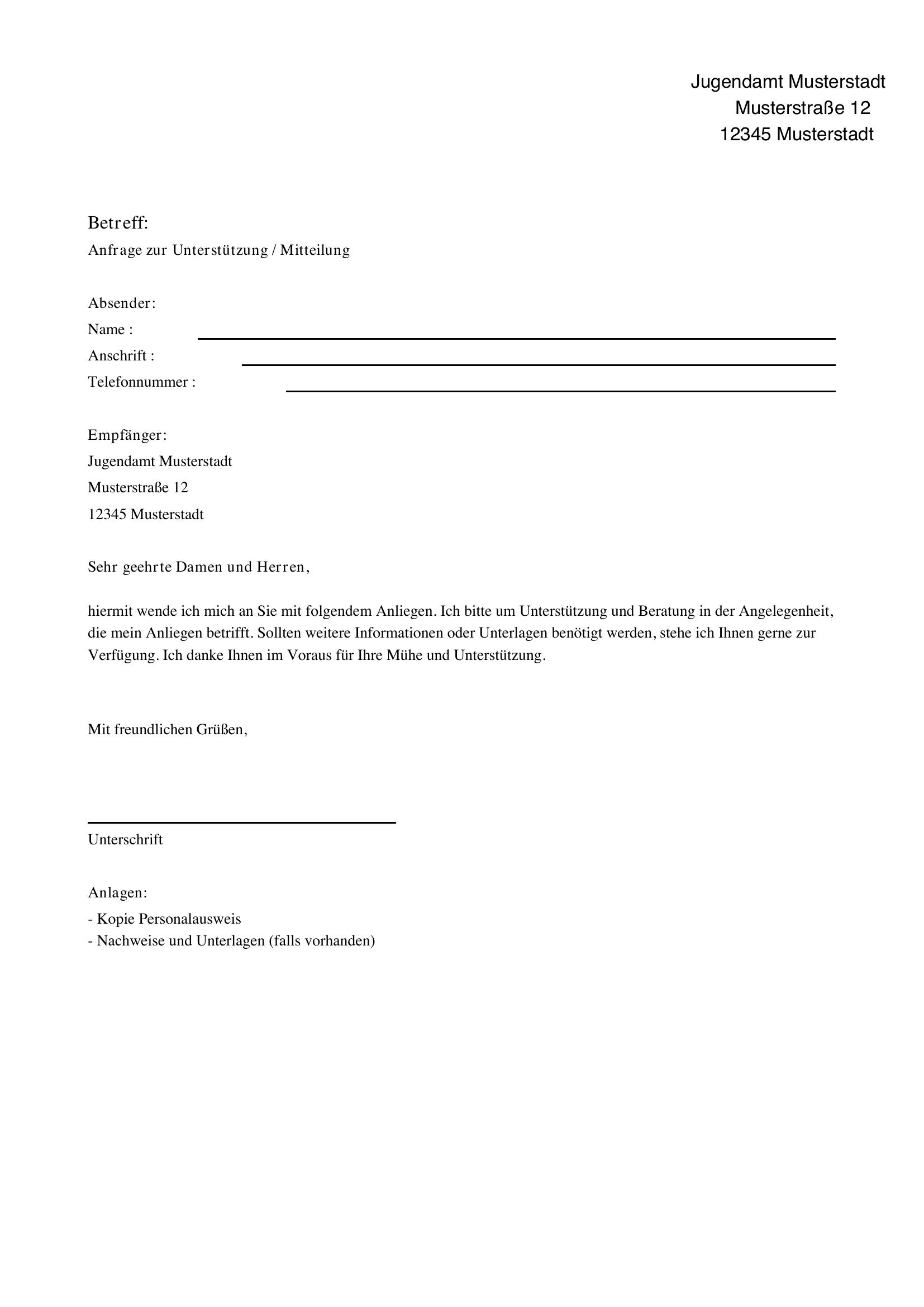 Brief An Jugendamt Schreiben Muster