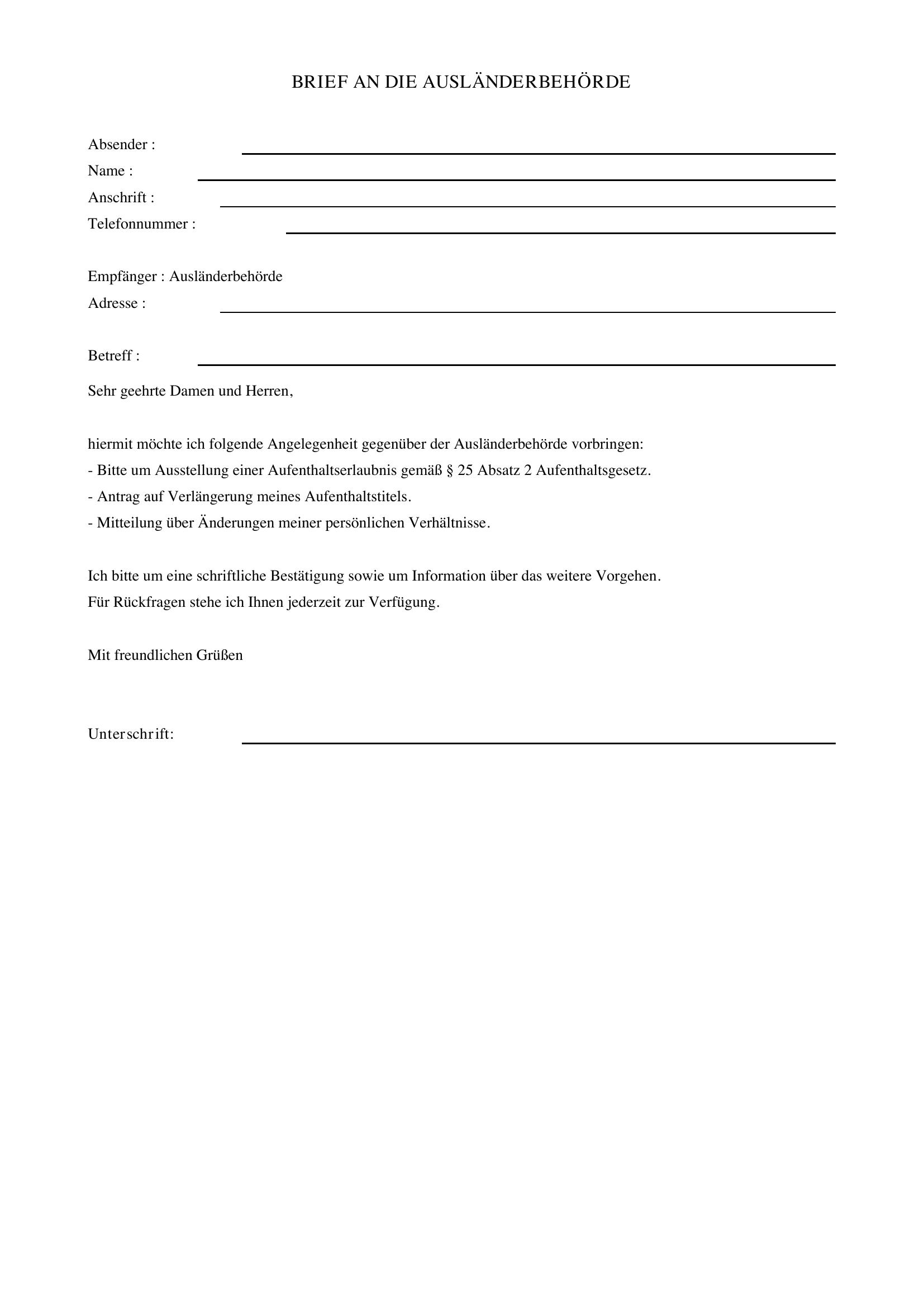 Brief Schreiben Für Ausländerbehörde