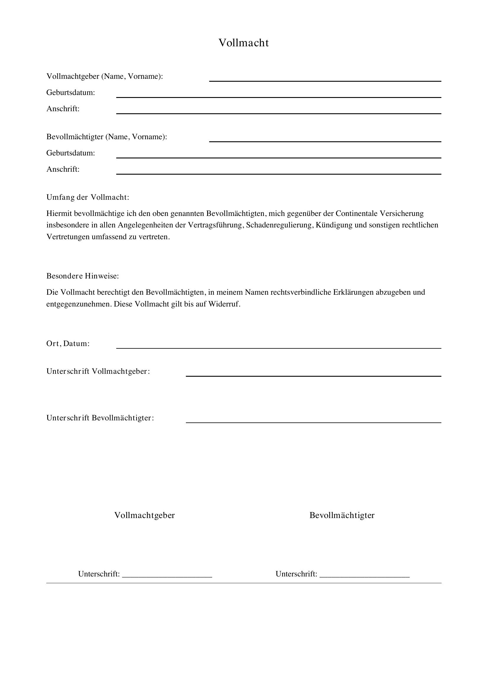 Continentale Vollmacht Formular