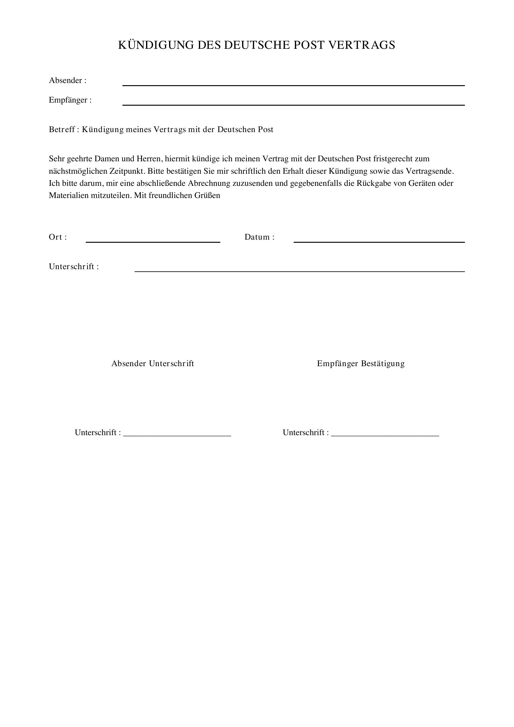 Deutsche Post Kündigung Vorlage