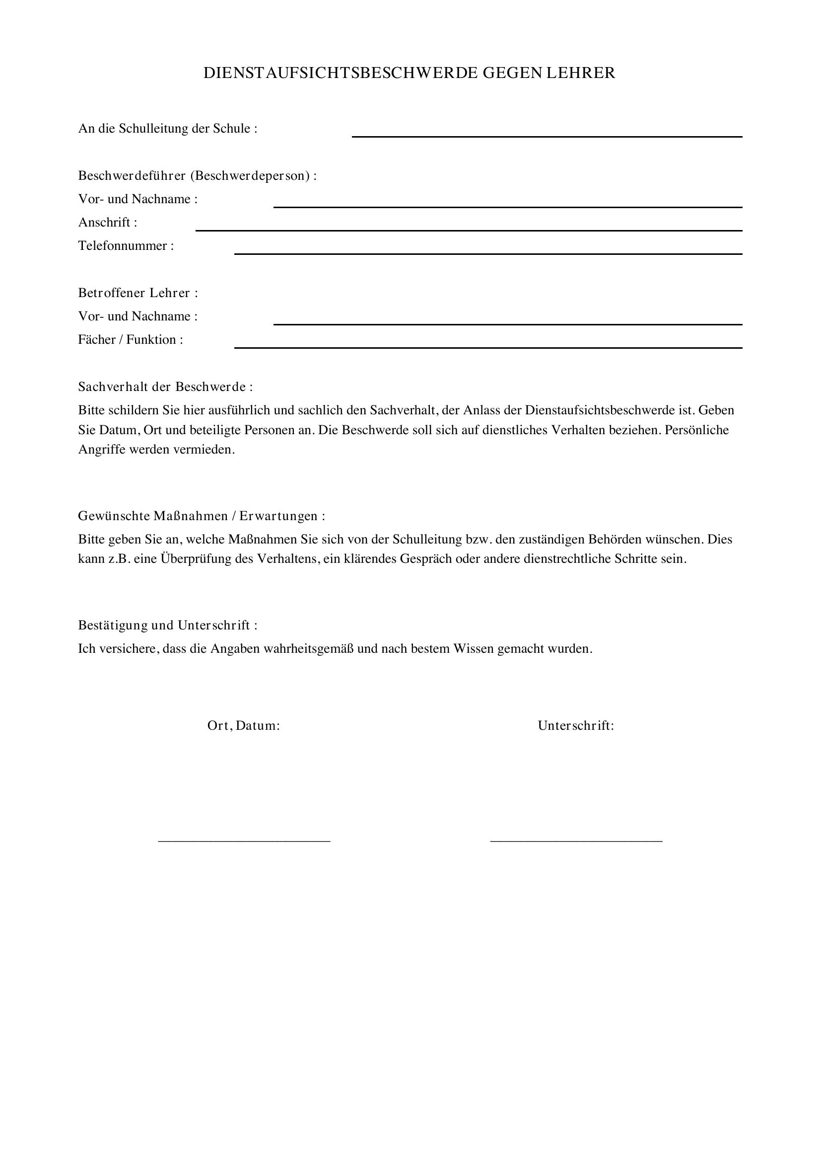 Dienstaufsichtsbeschwerde Lehrer