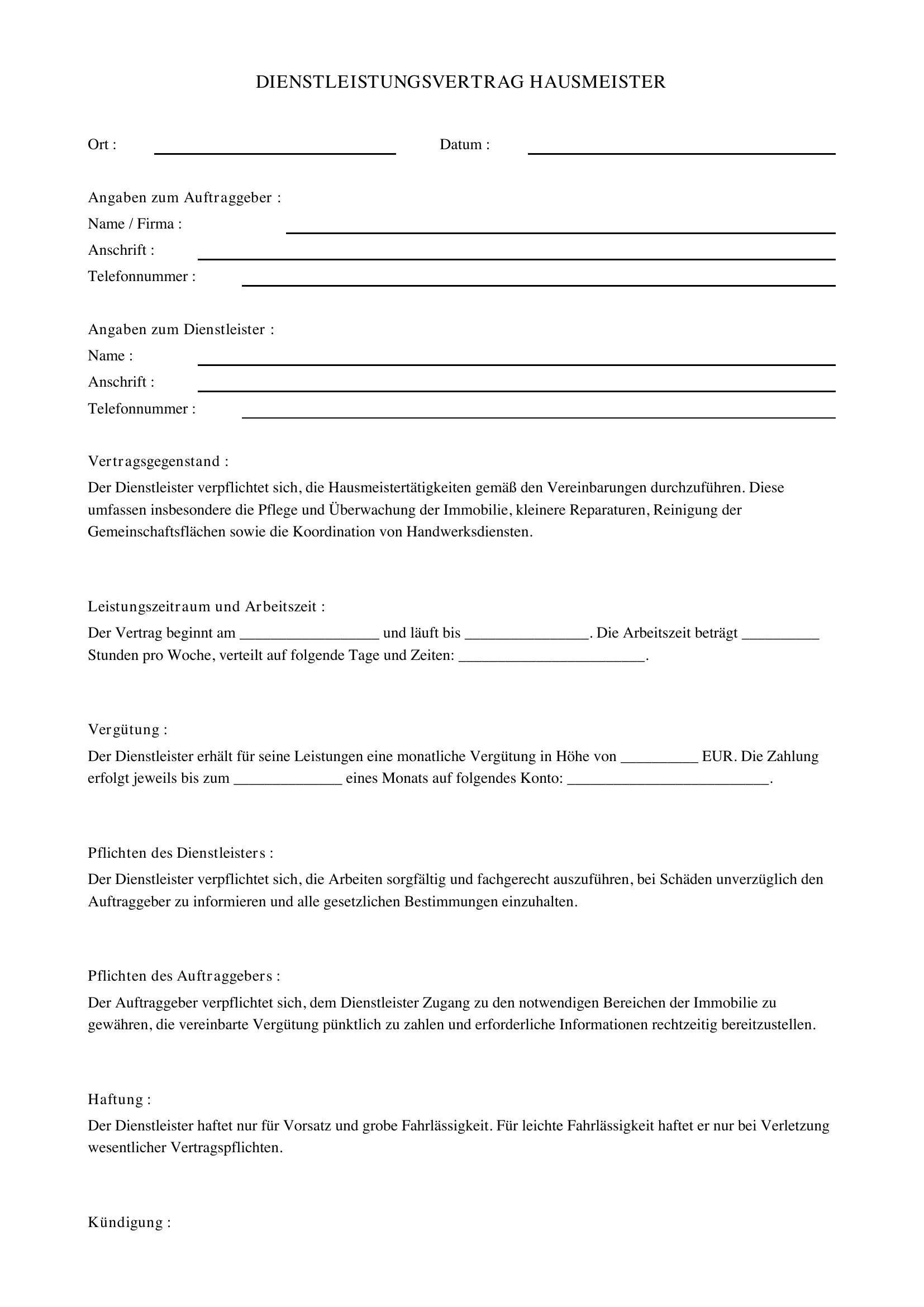 Dienstleistungsvertrag Hausmeister Vorlage