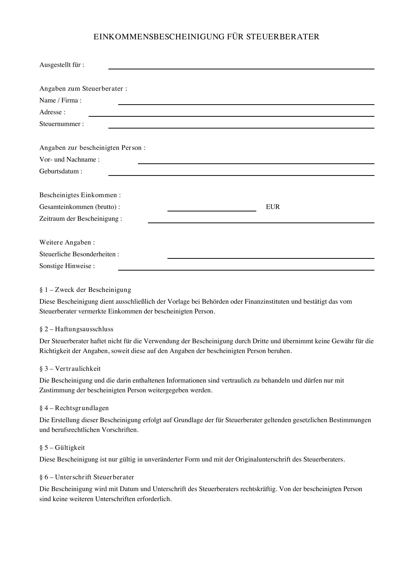 Einkommensbescheinigung Steuerberater Muster