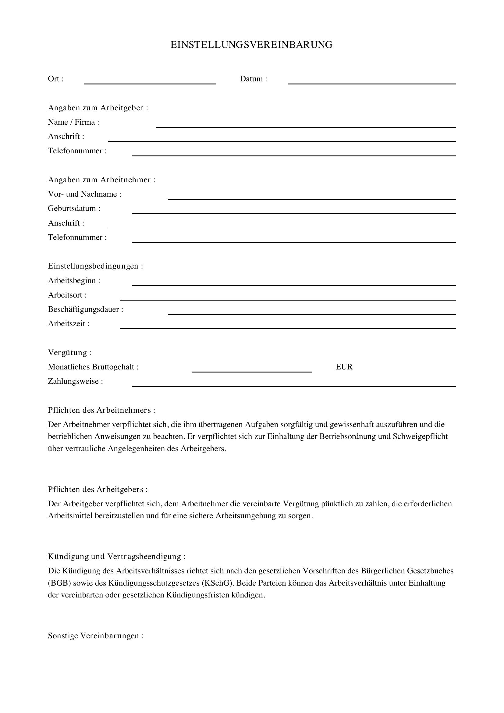 Einstellungsvereinbarung