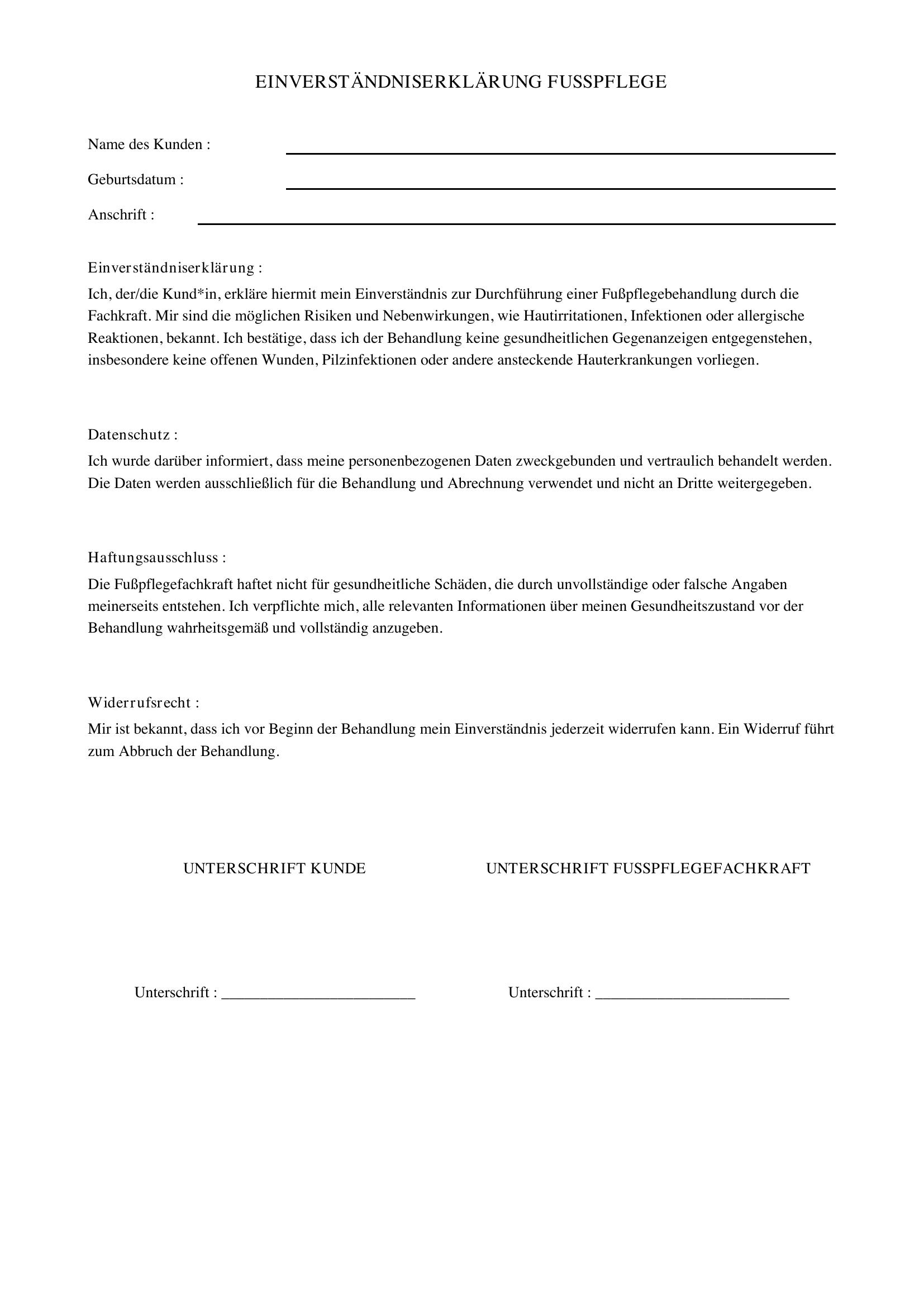 Einverständniserklärung Fußpflege