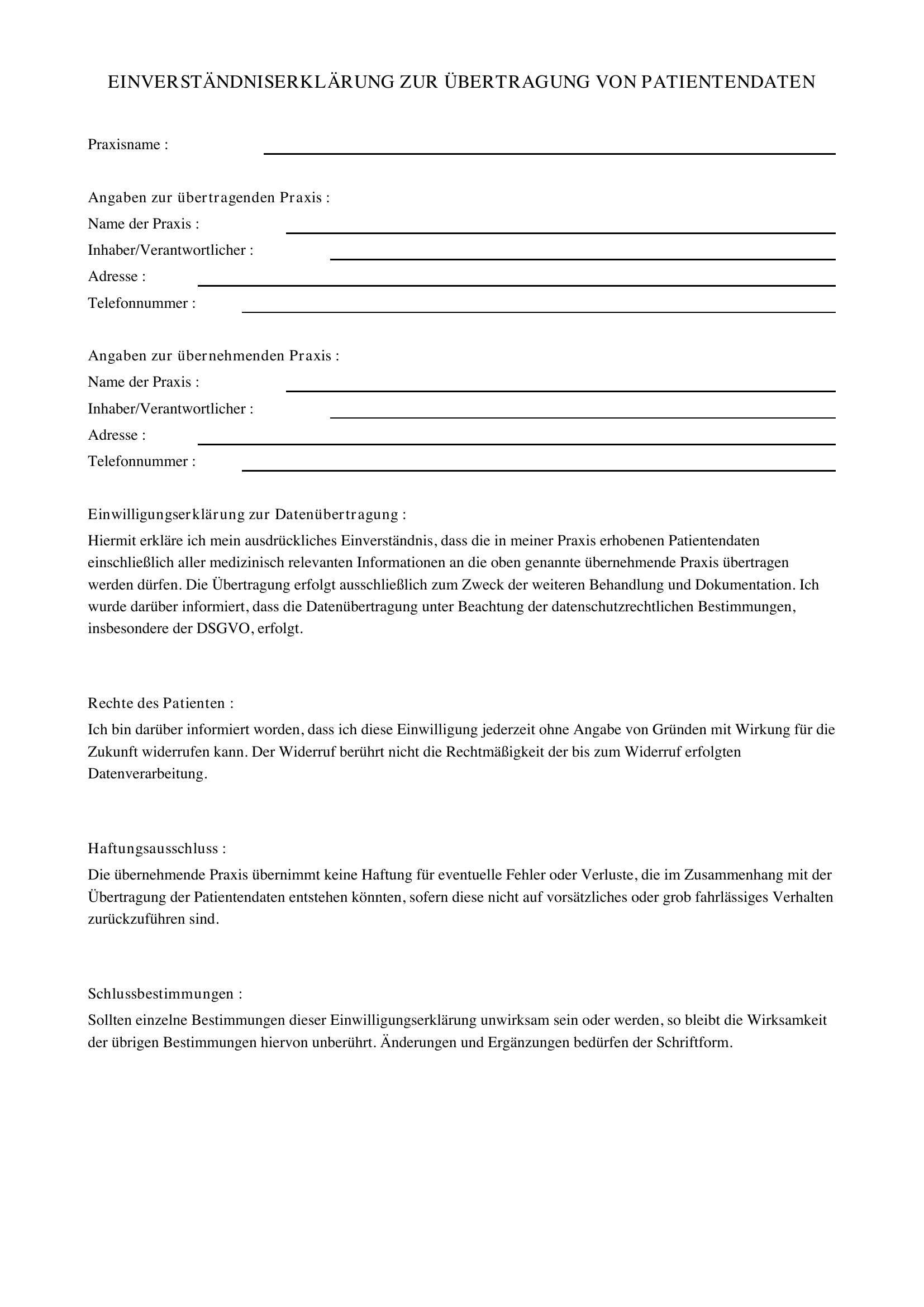 Einverständniserklärung Patientendaten Praxisübernahme Muster