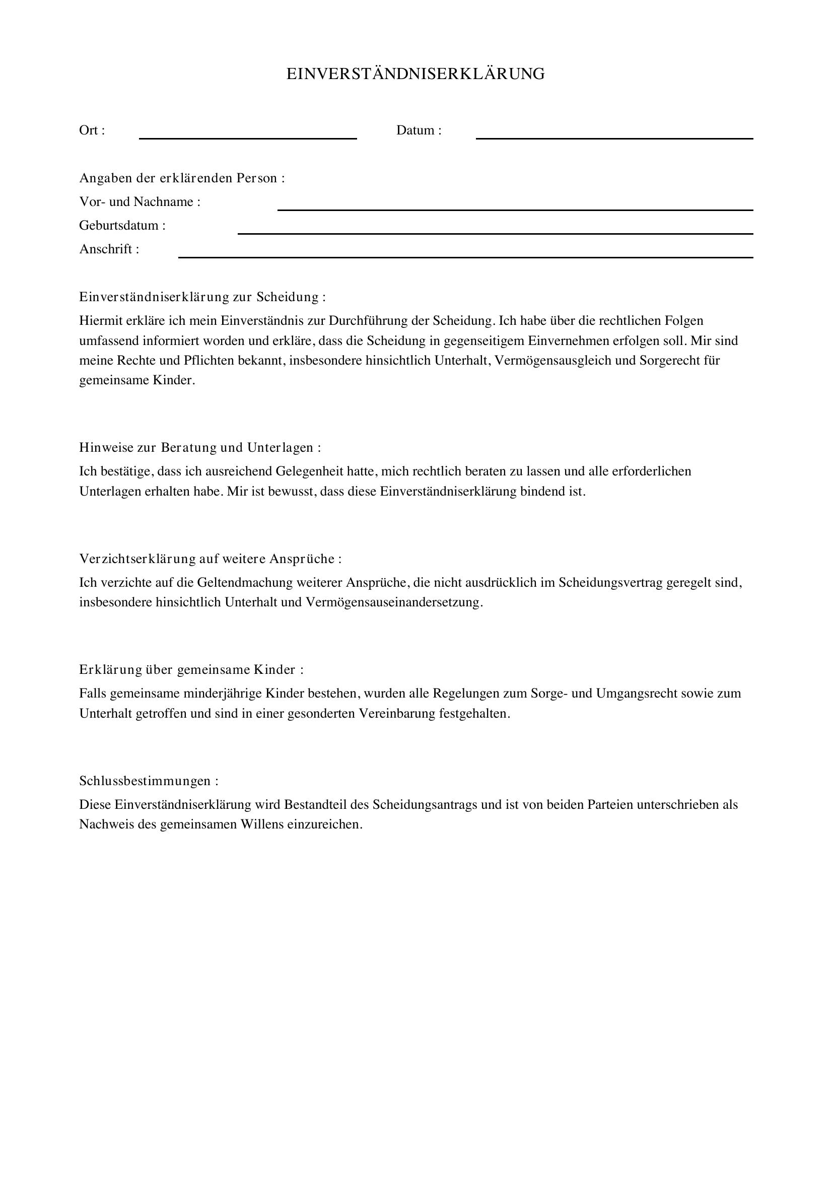 Einverständniserklärung Scheidung Muster