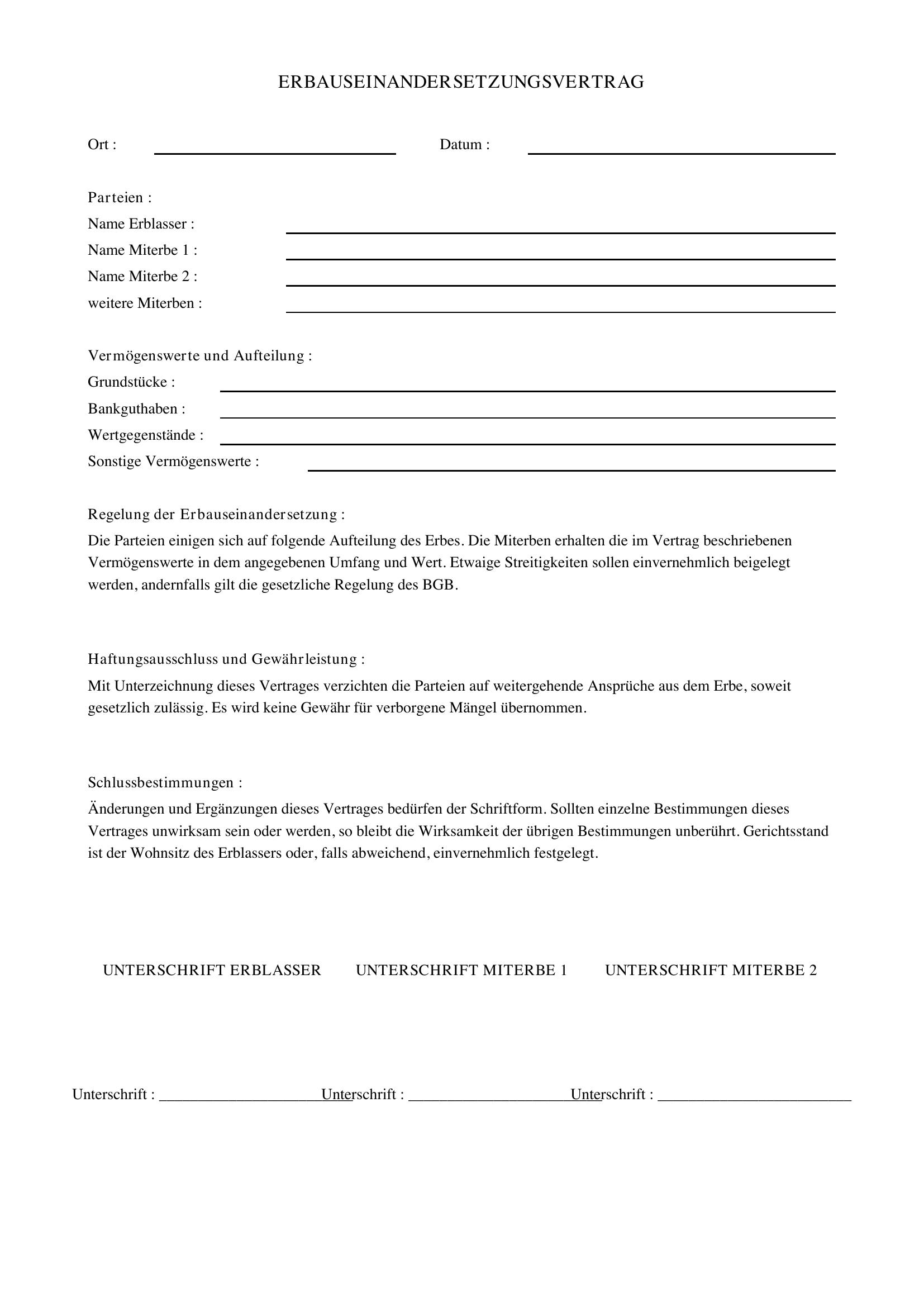 Erbauseinandersetzungsvertrag Muster