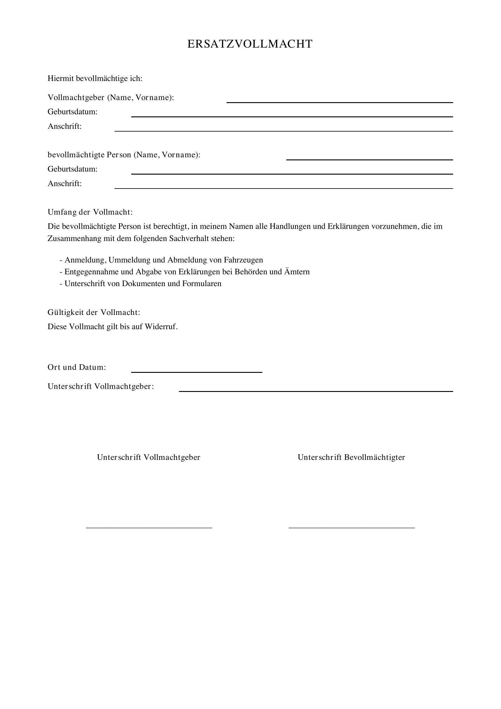 Ersatzvollmacht Formular