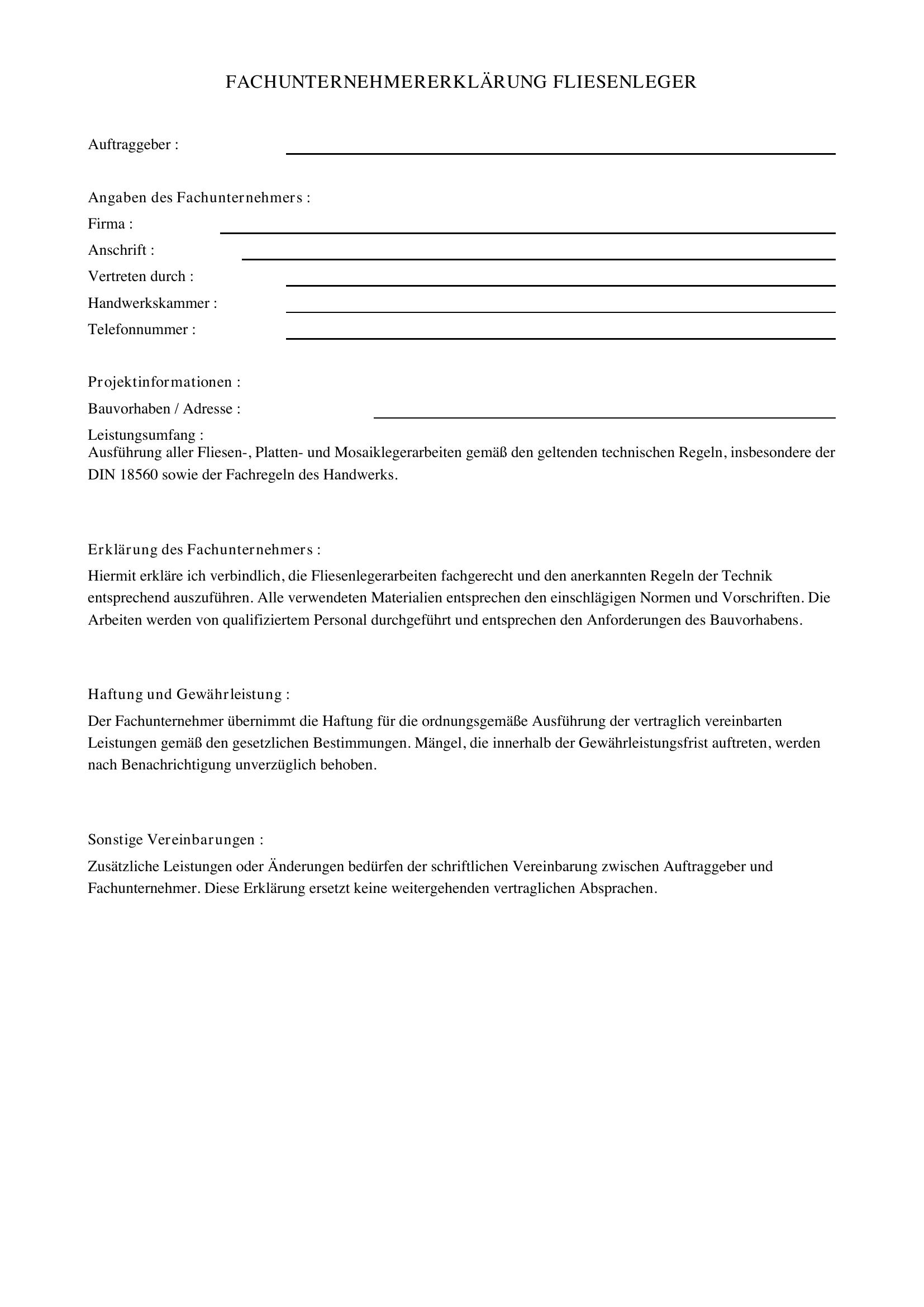 Fachunternehmererklärung Fliesenleger