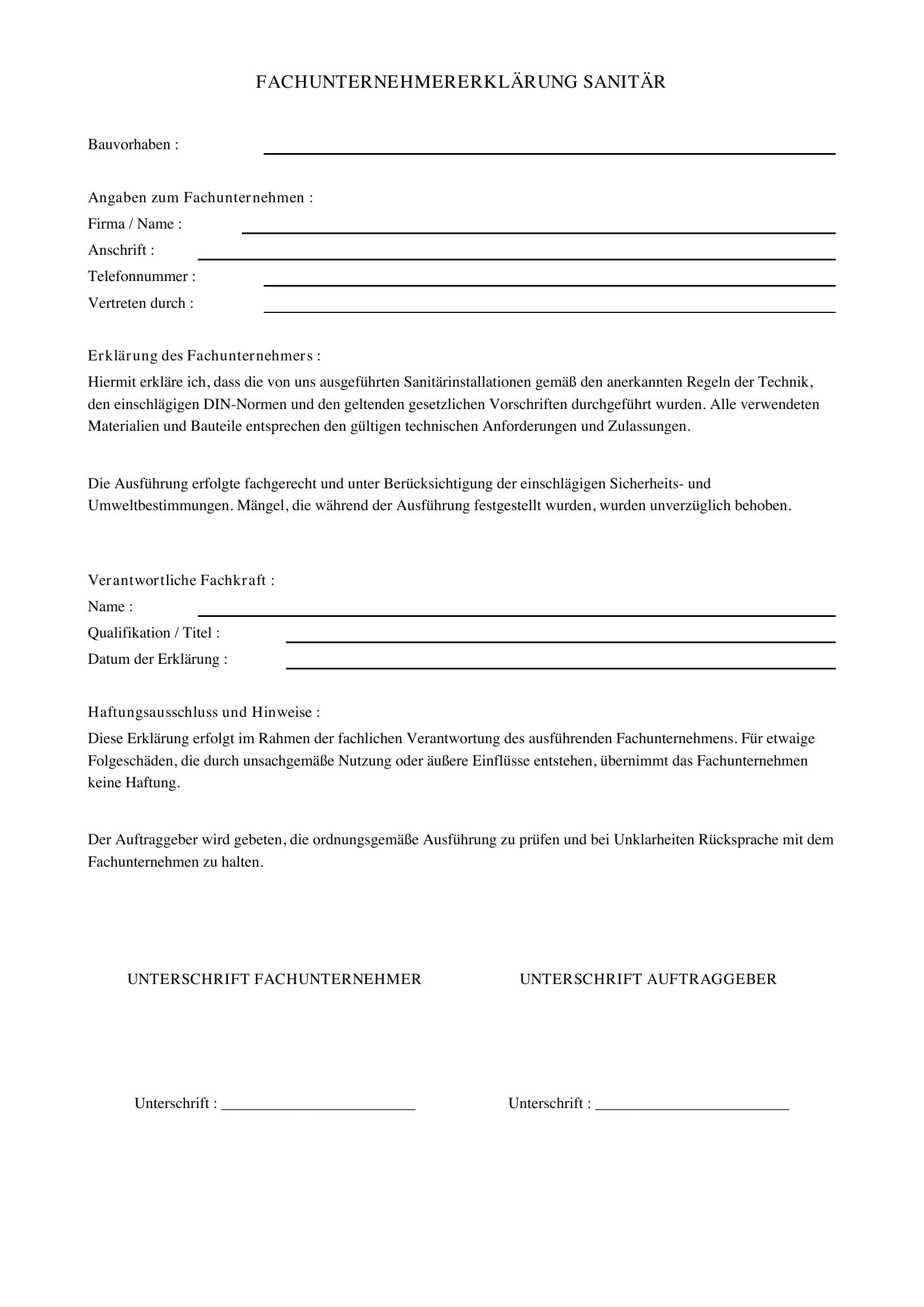 Fachunternehmererklärung Sanitär