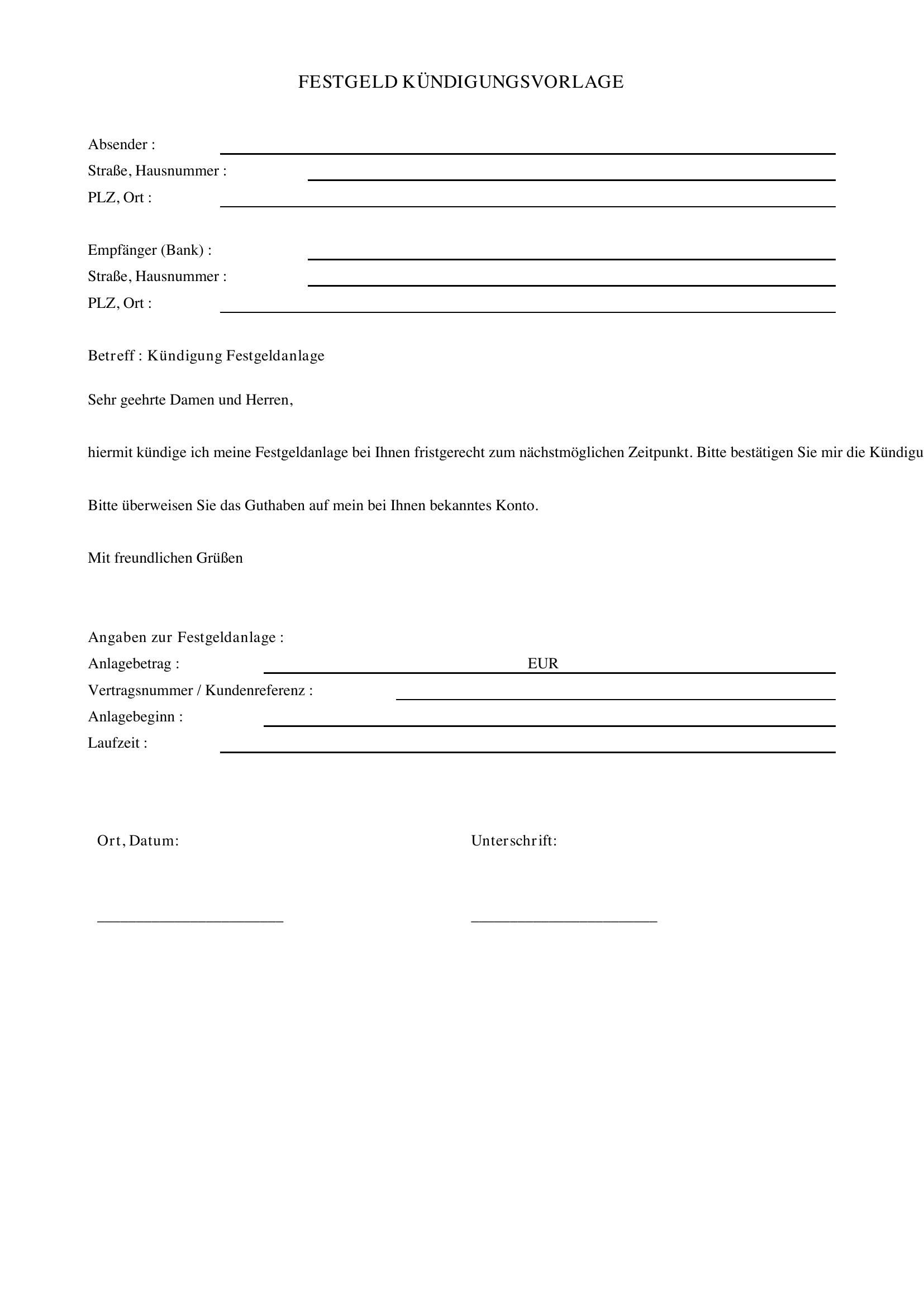 Festgeld Kündigen Vorlage
