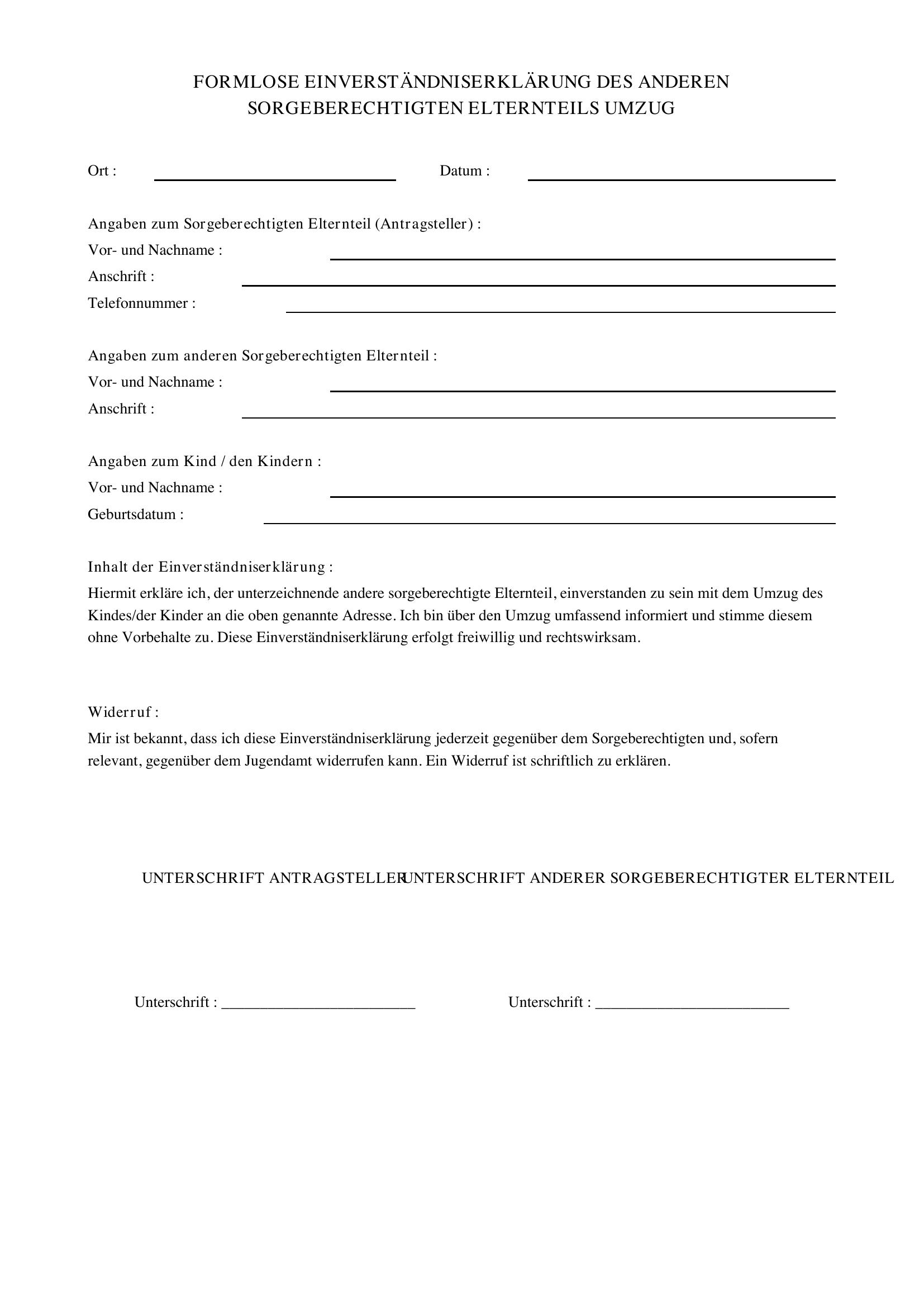 Formlose Einverständniserklärung Des Anderen Sorgeberechtigten Elternteils Umzug