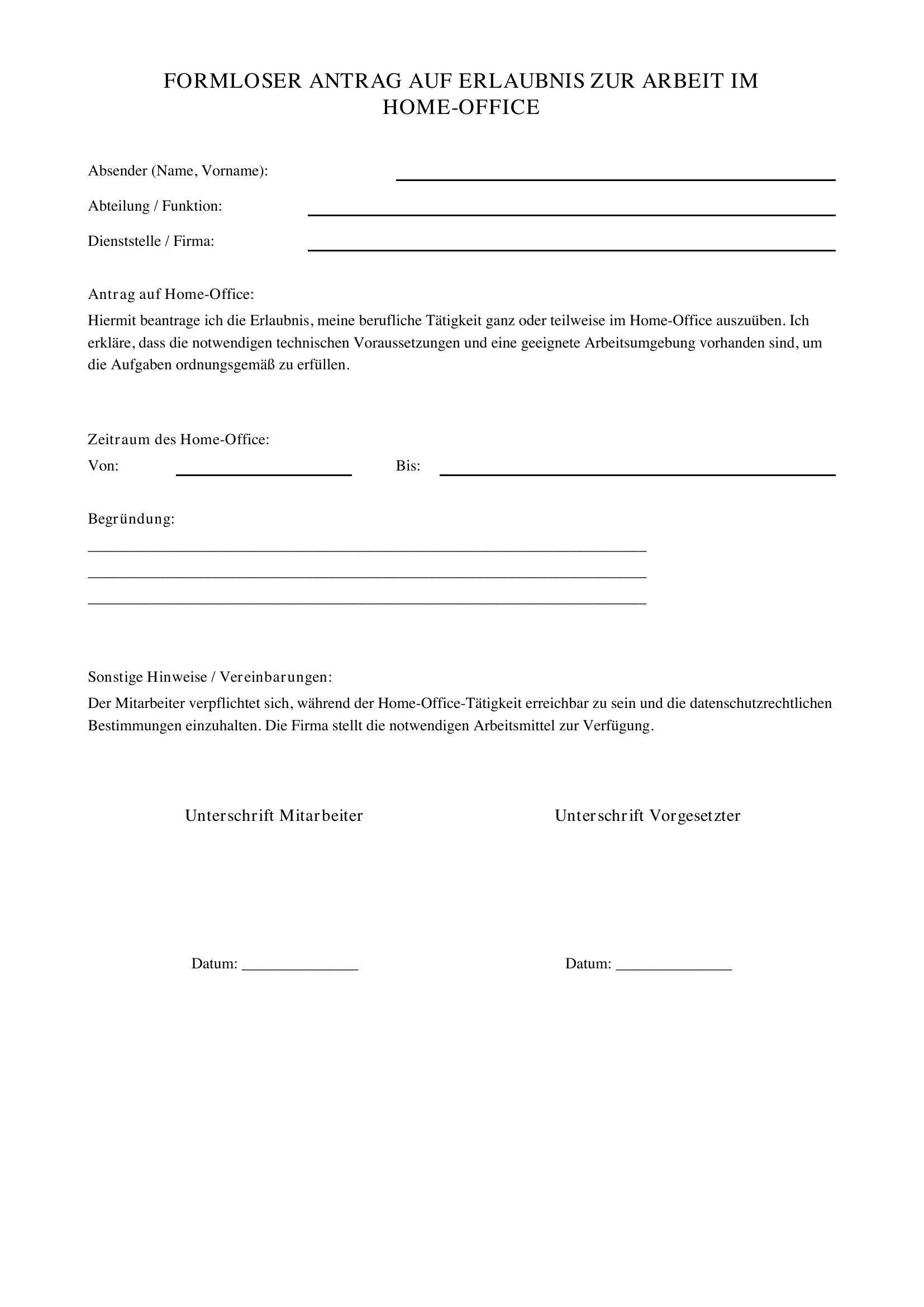Formloser Antrag Homeoffice Vorlage