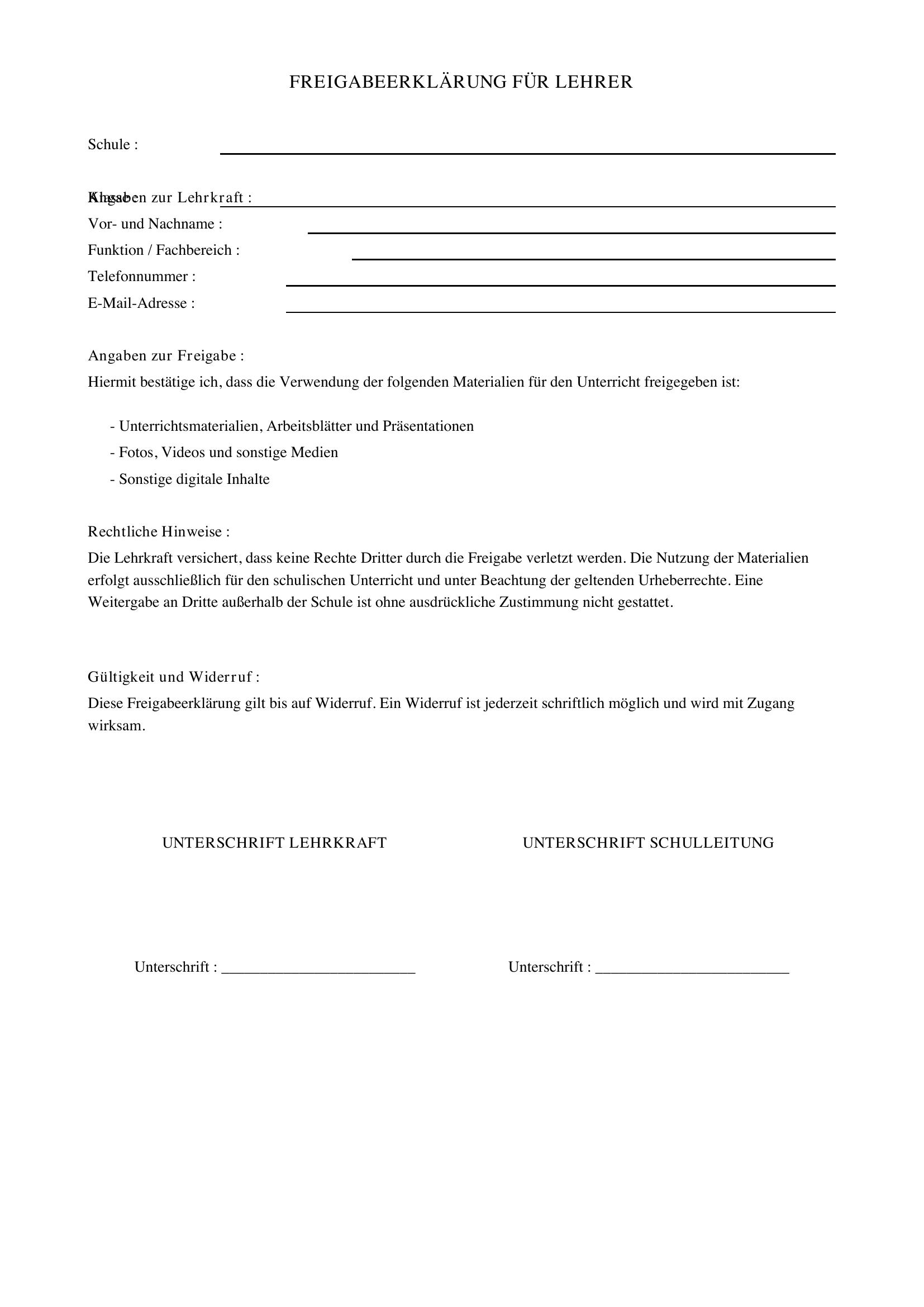 Freigabeerklärung Lehrer