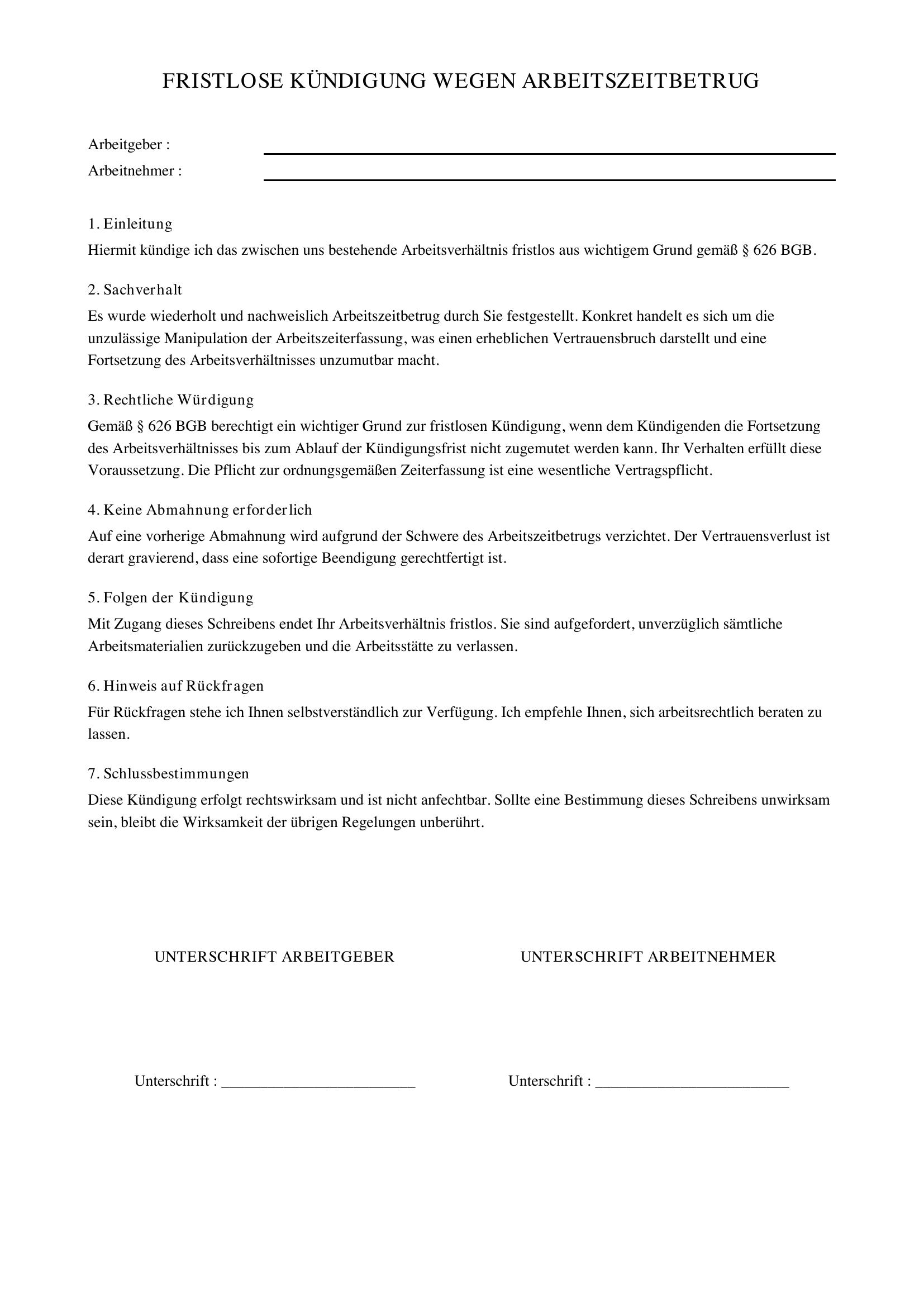 Fristlose Kündigung Wegen Arbeitszeitbetrug Muster