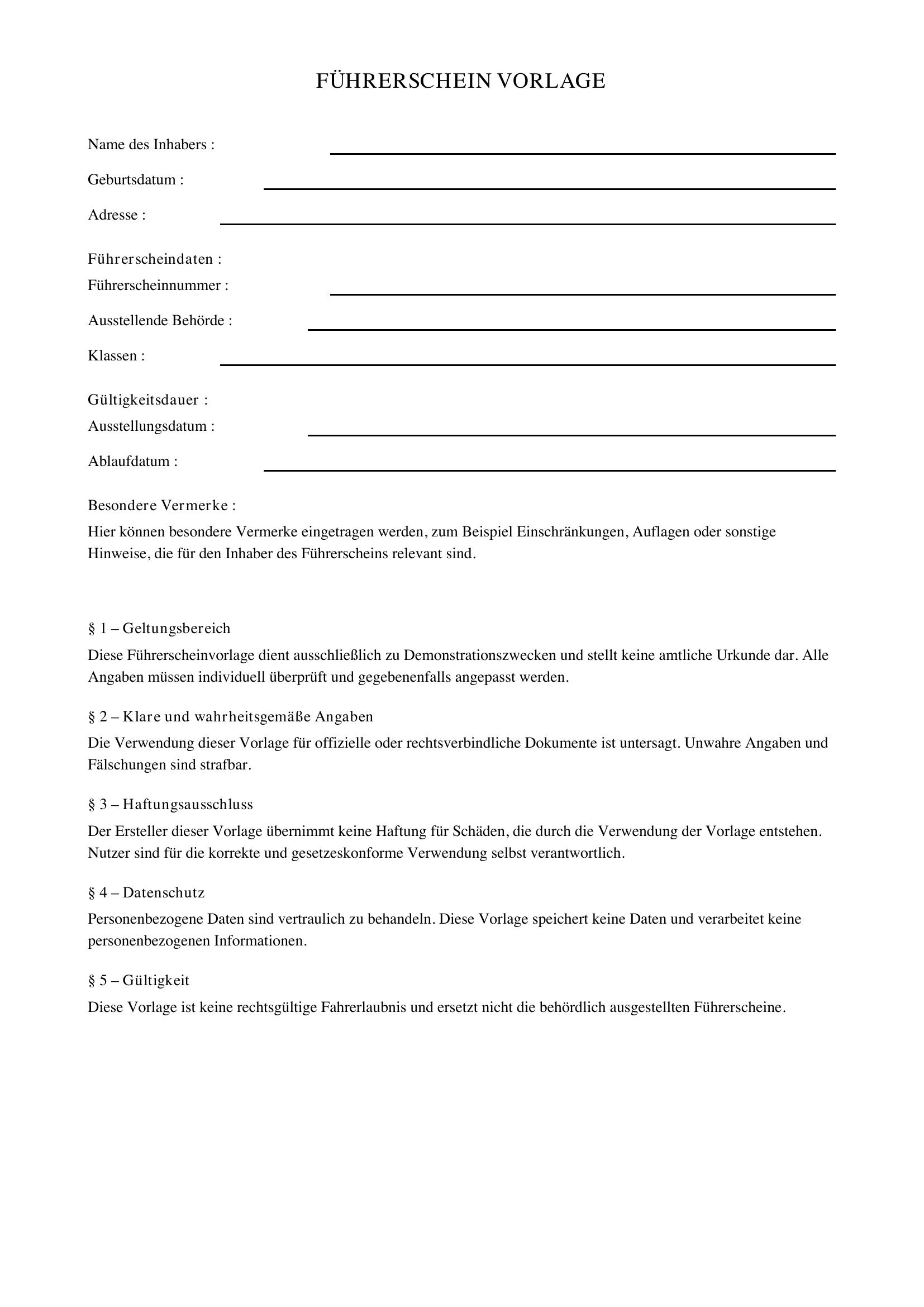 Führerschein Vorlage