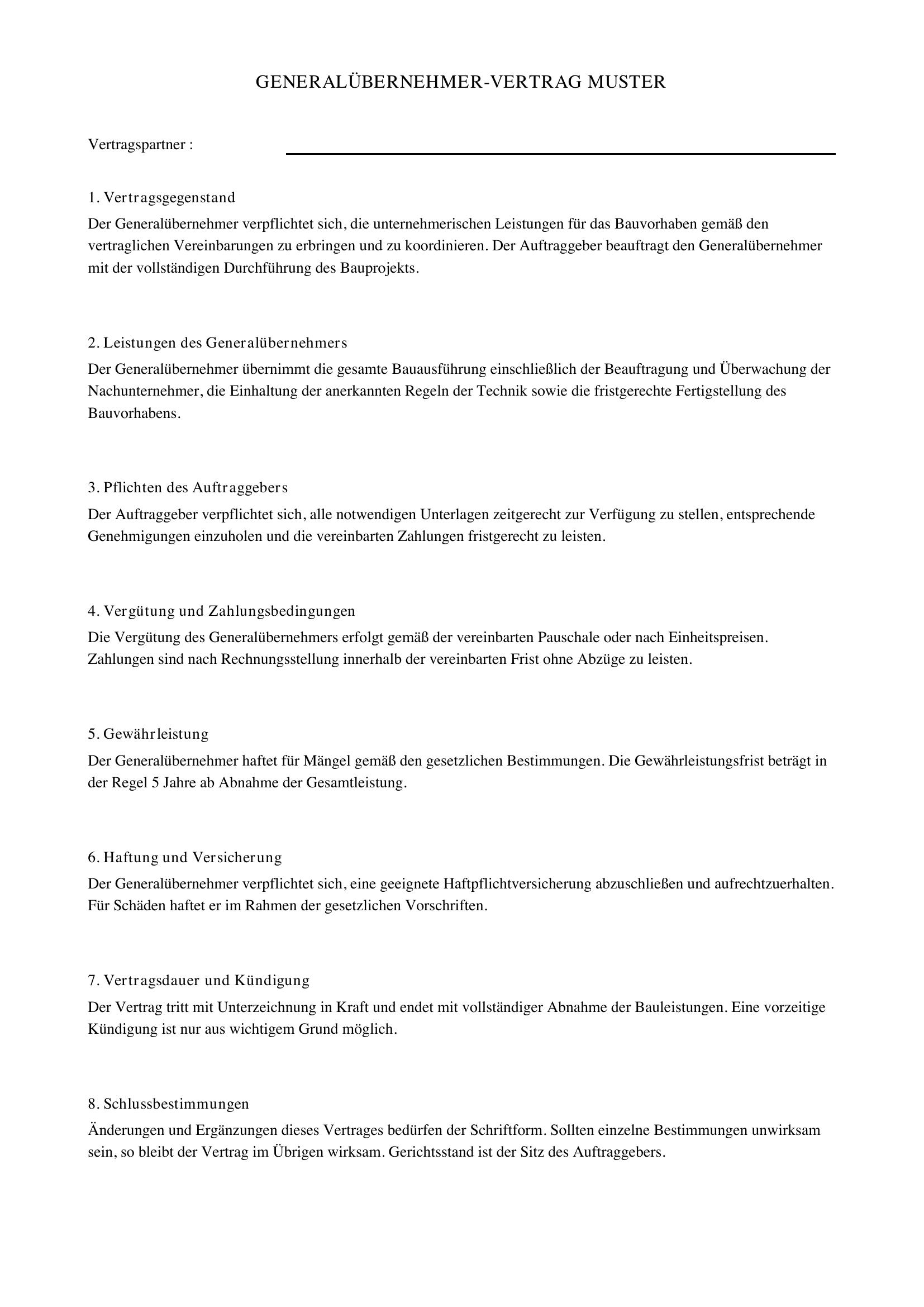 Generalübernehmervertrag Muster