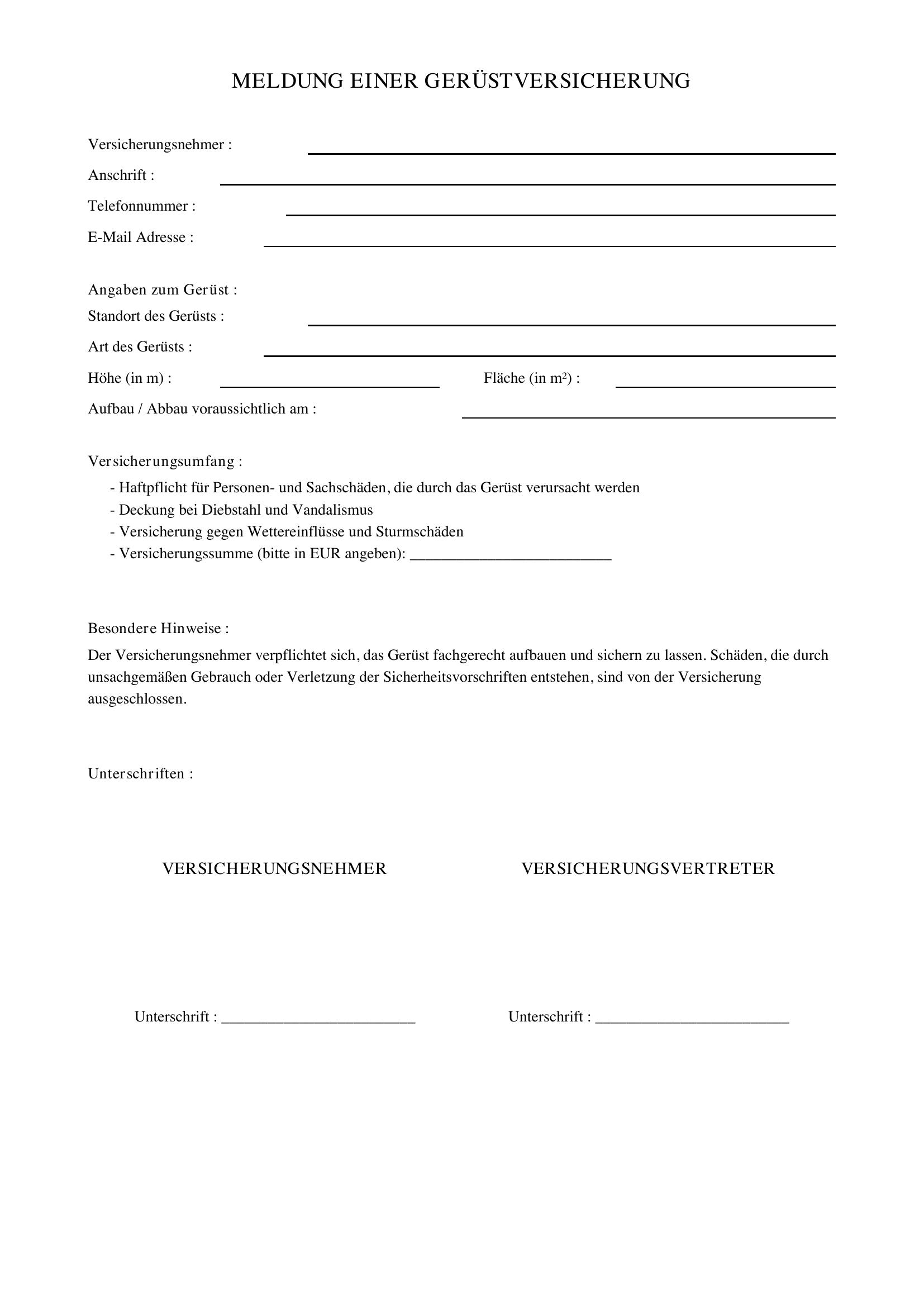 Gerüst Versicherung Melden Muster