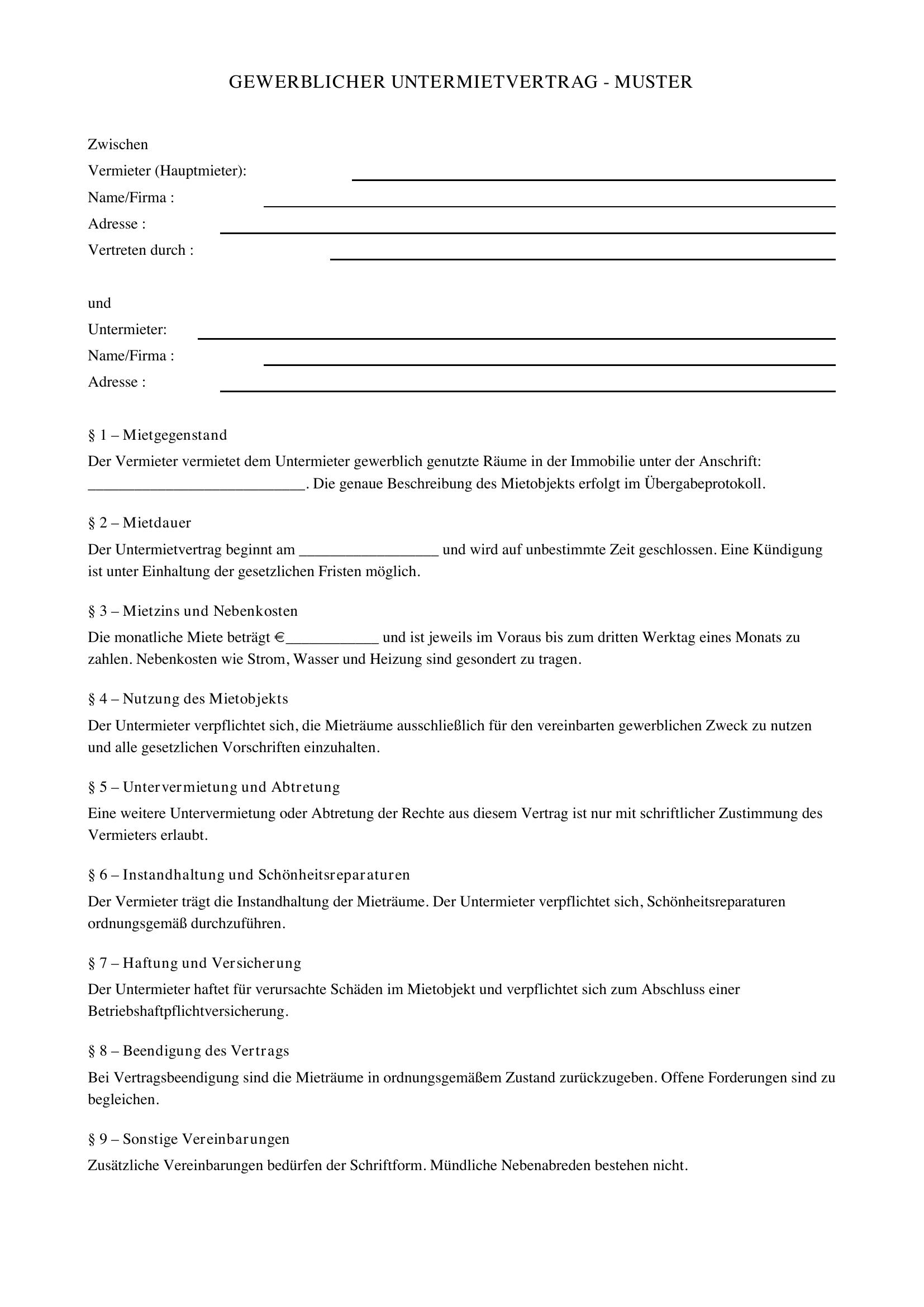 Gewerblicher Untermietvertrag Muster