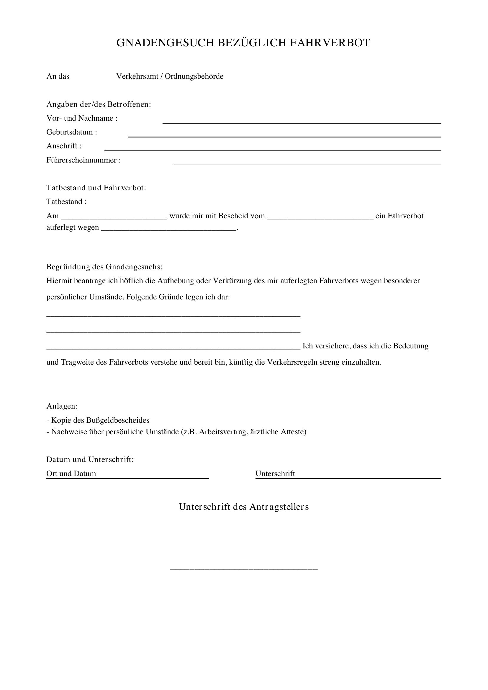 Gnadengesuch Fahrverbot Muster