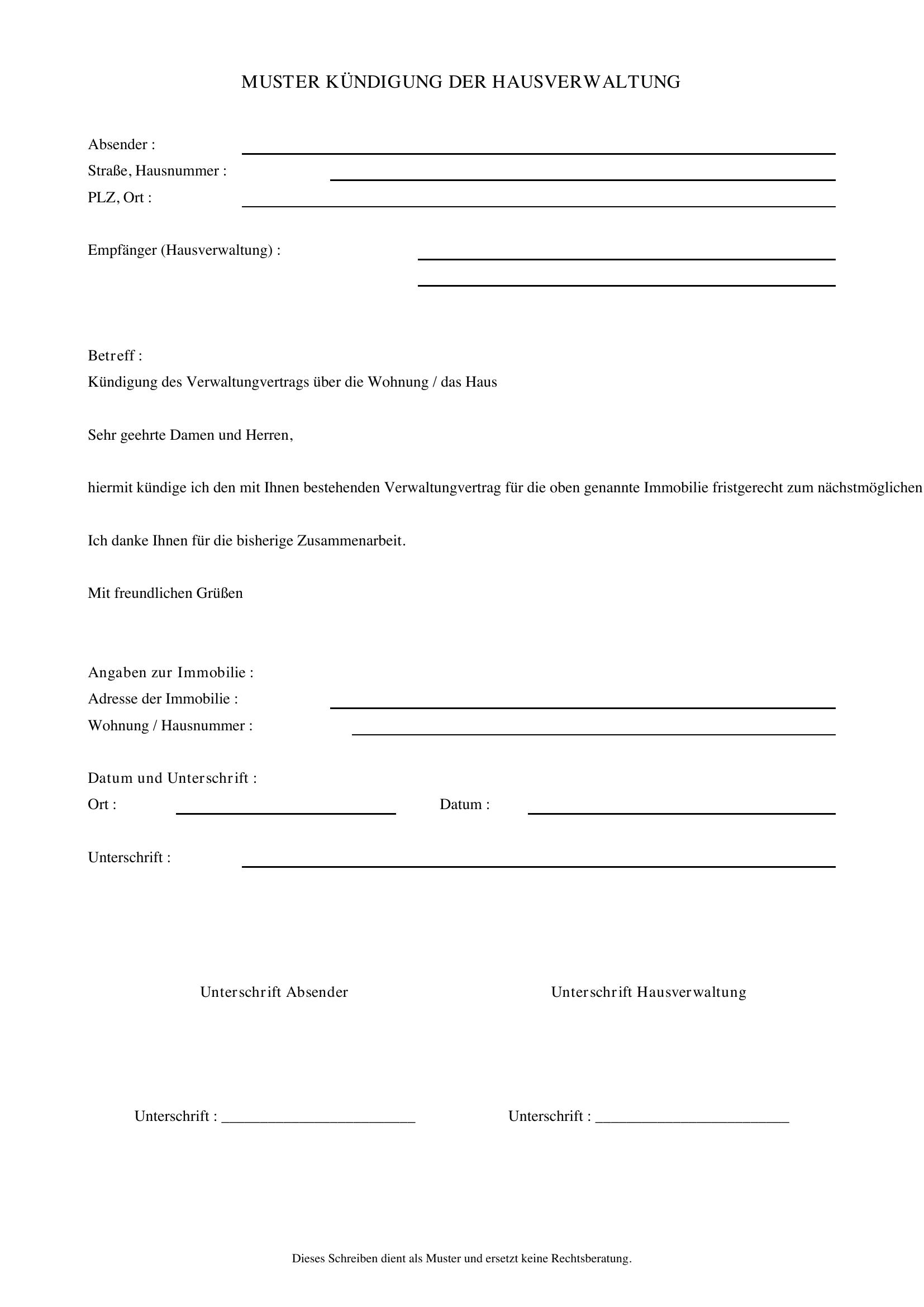 Hausverwaltung Kündigen Muster