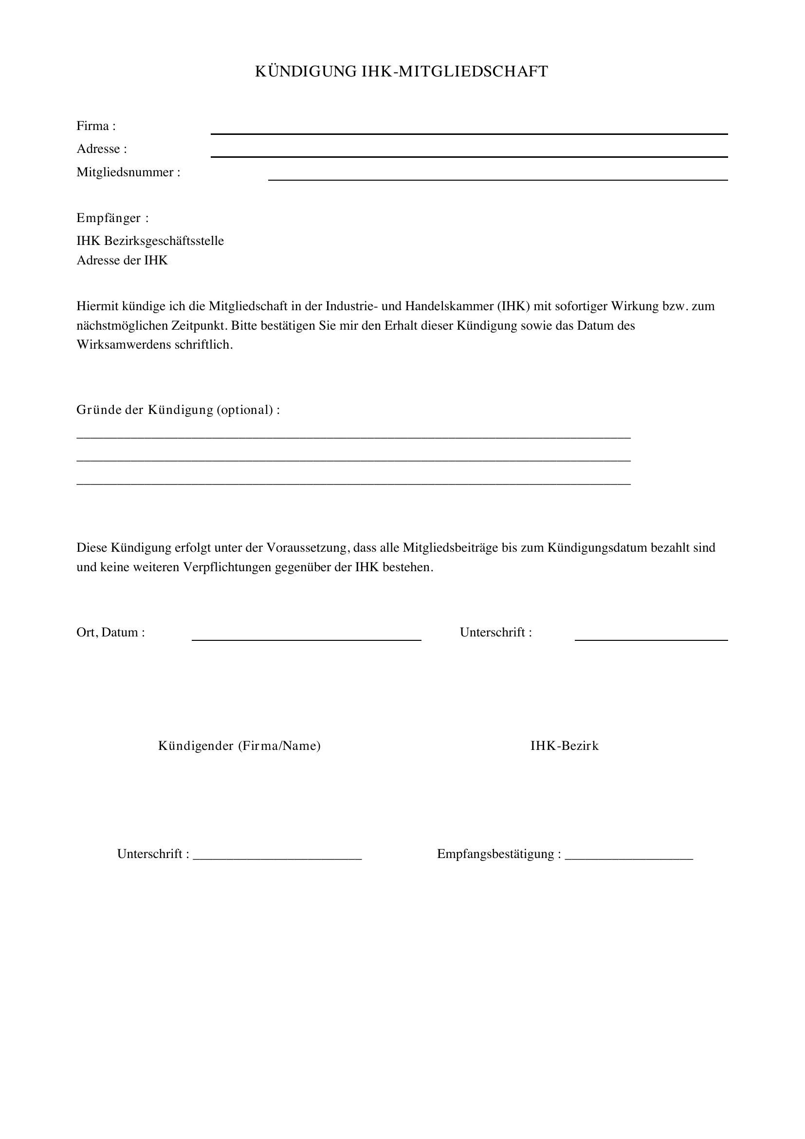 Ihk Kündigung Vorlage