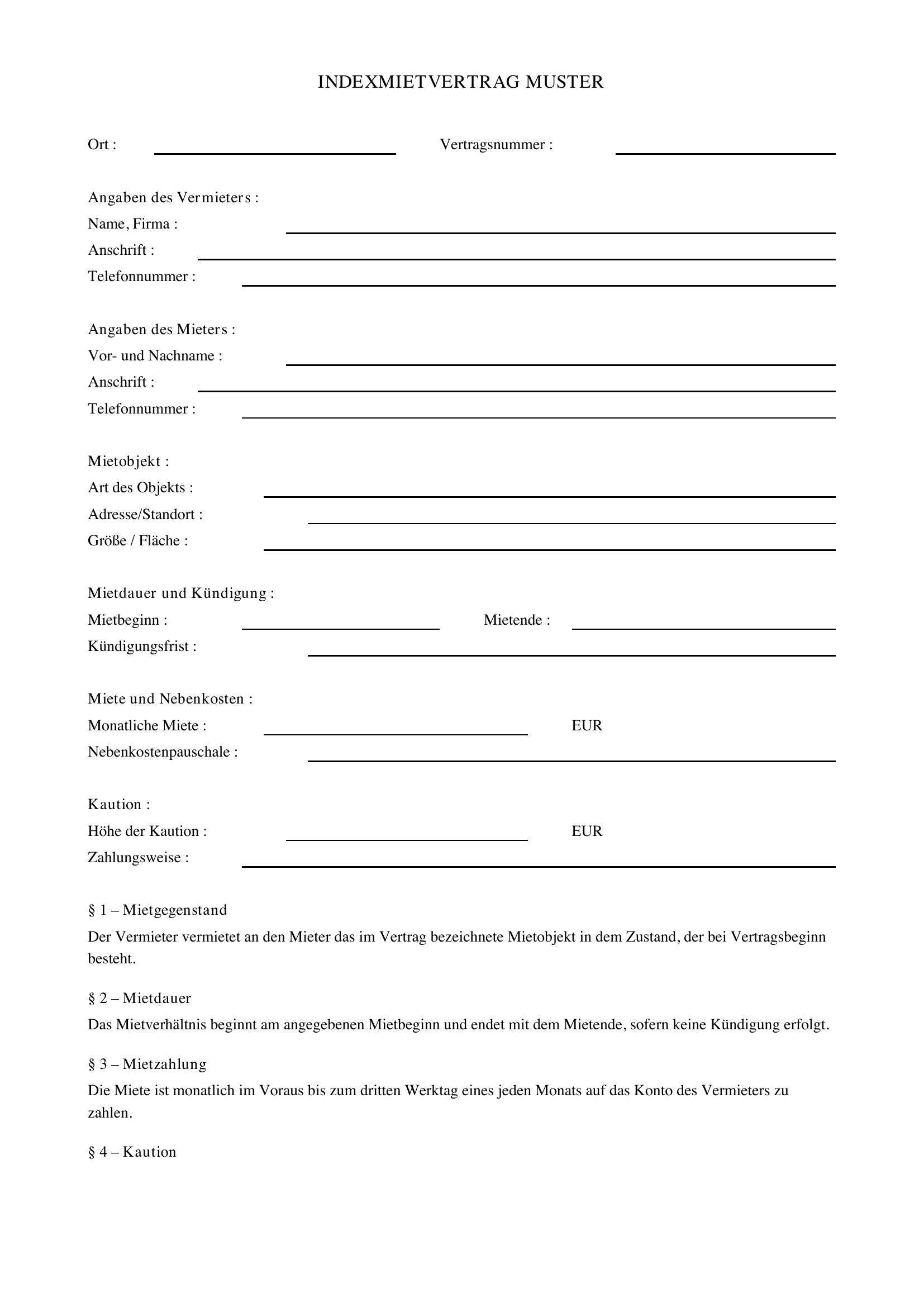 Indexmietvertrag Muster