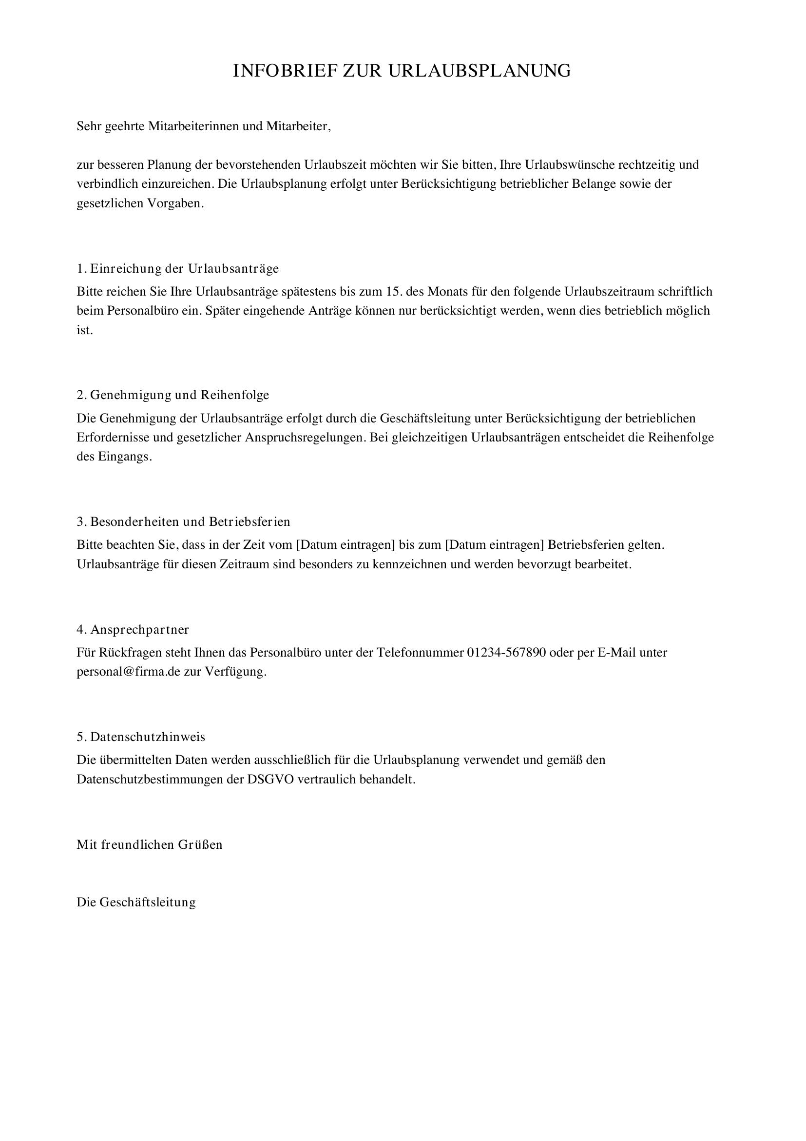 Infobrief Urlaubsplanung