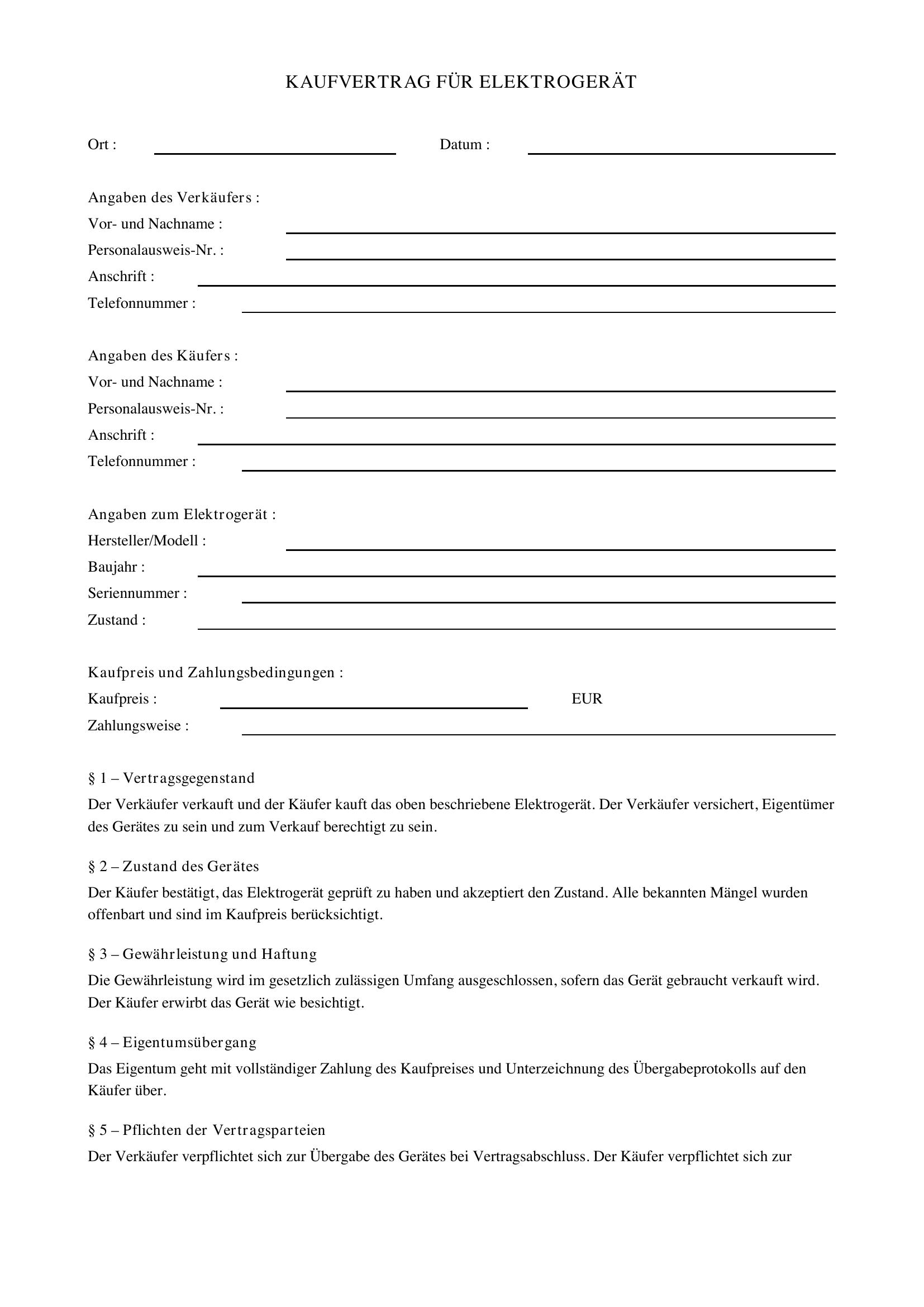 Kaufvertrag Elektrogerät