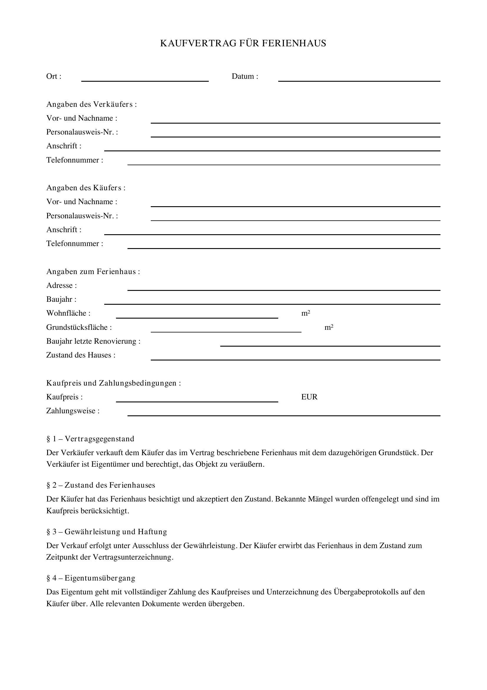 Kaufvertrag Ferienhaus