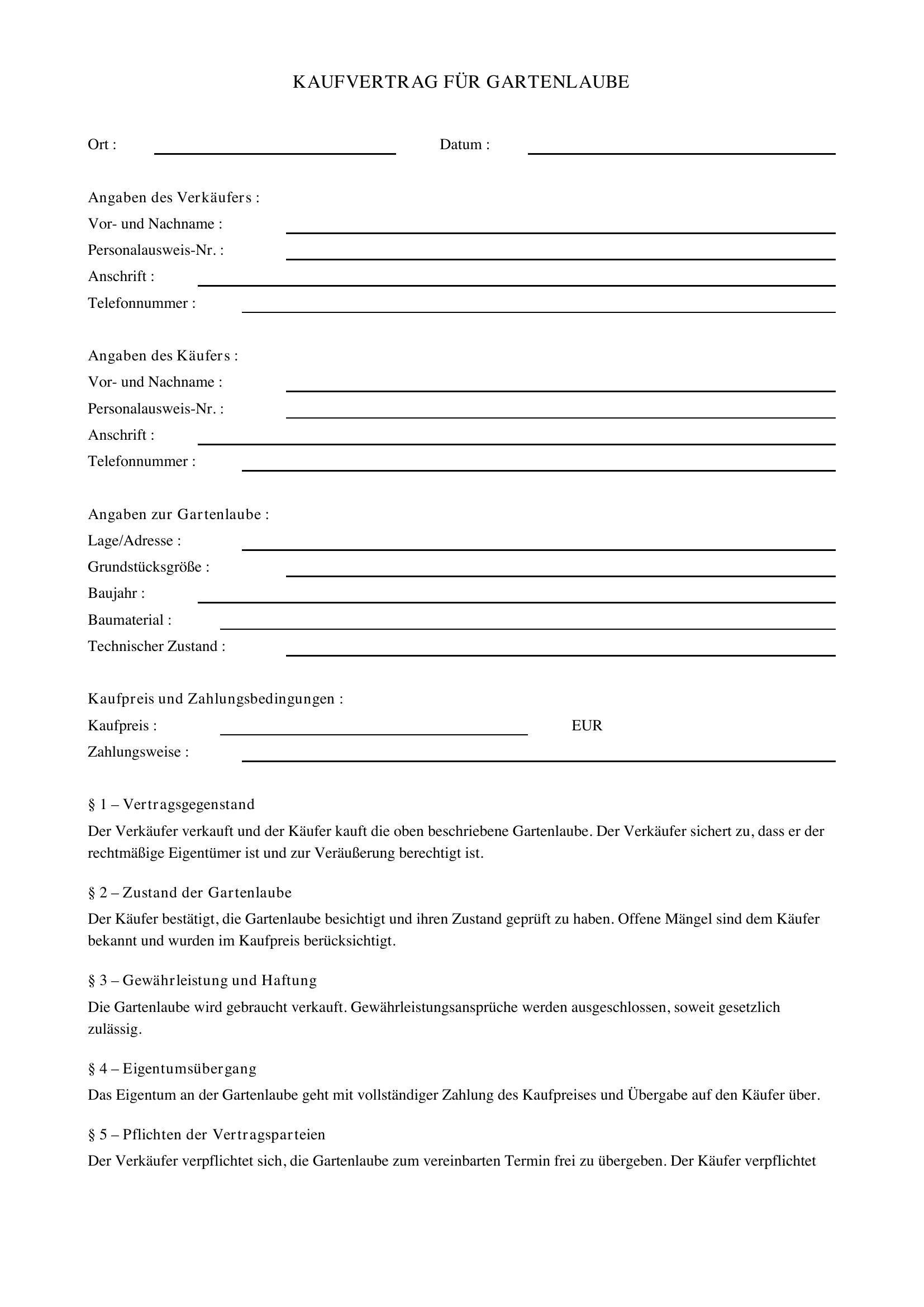 Kaufvertrag Gartenlaube Muster