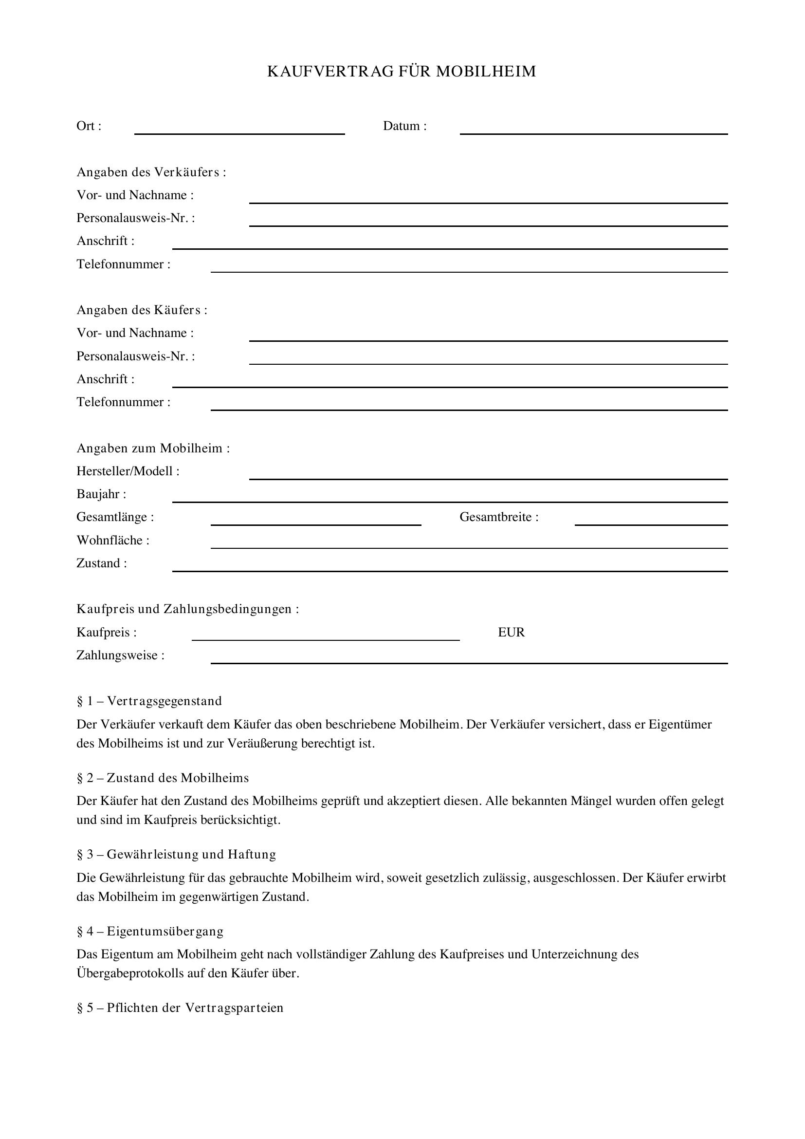 Kaufvertrag Mobilheim