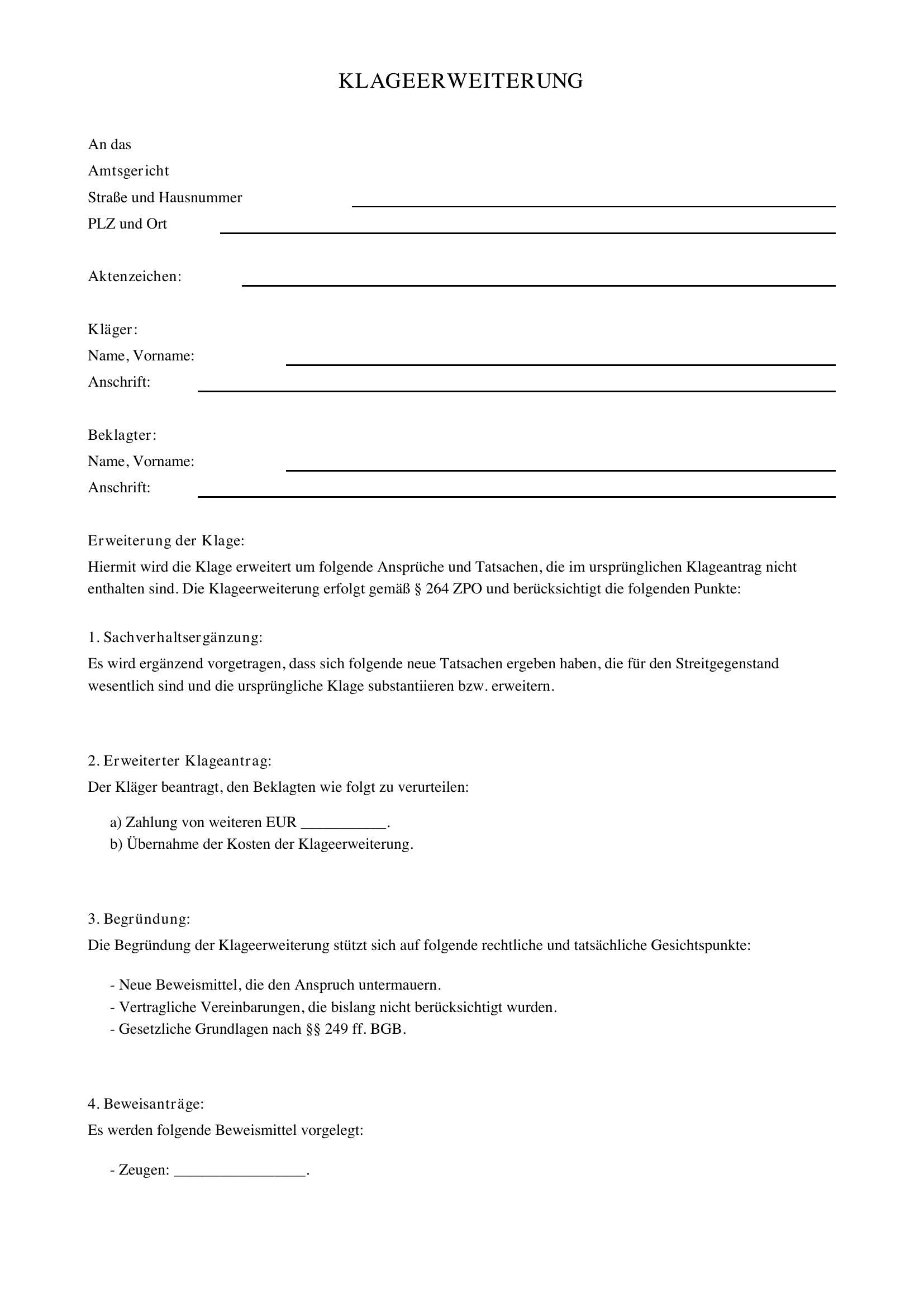 Klageerweiterung Muster